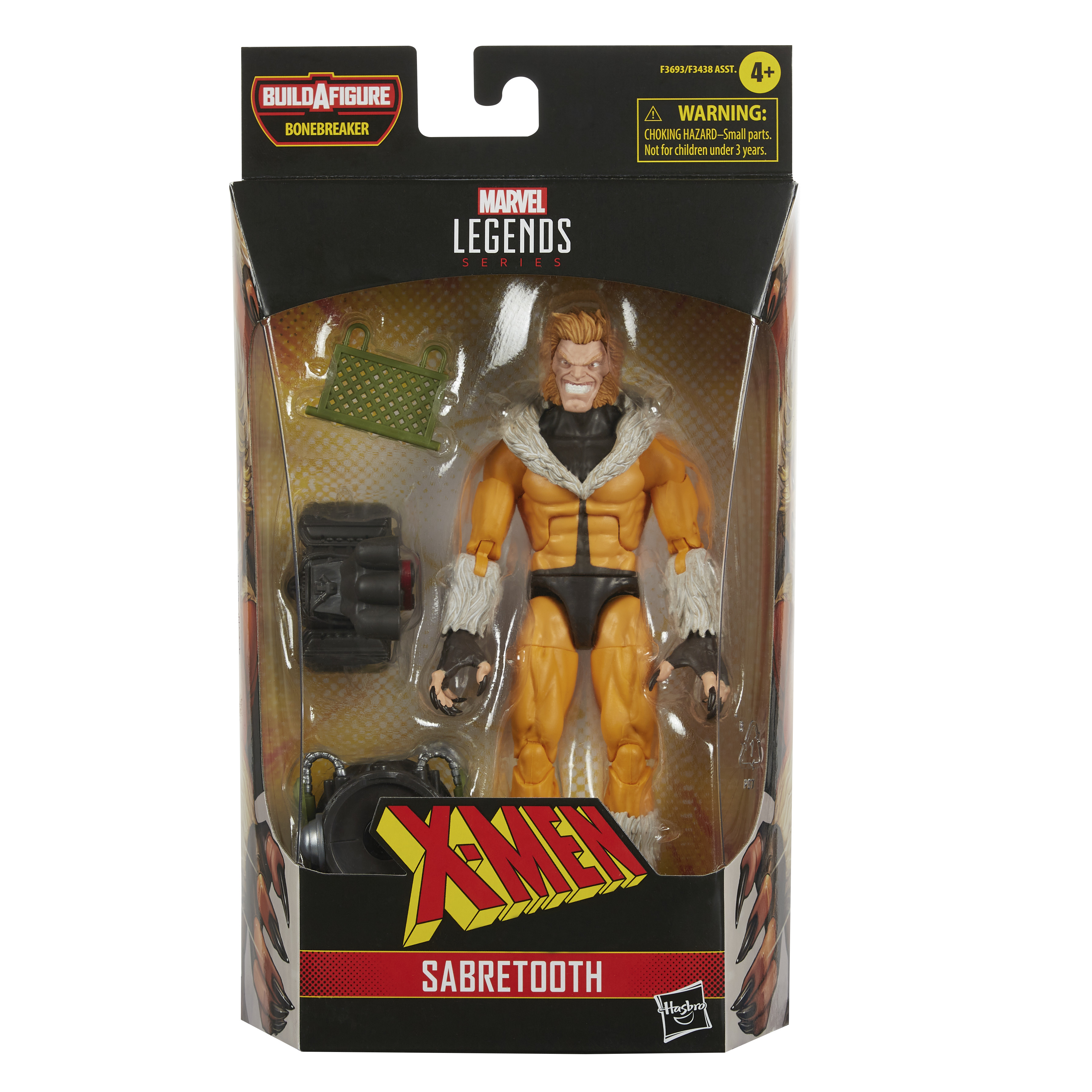 Action figure di Sabretooth in un pacchetto. La figura è gialla e nera con dettagli in pelliccia bianca.
