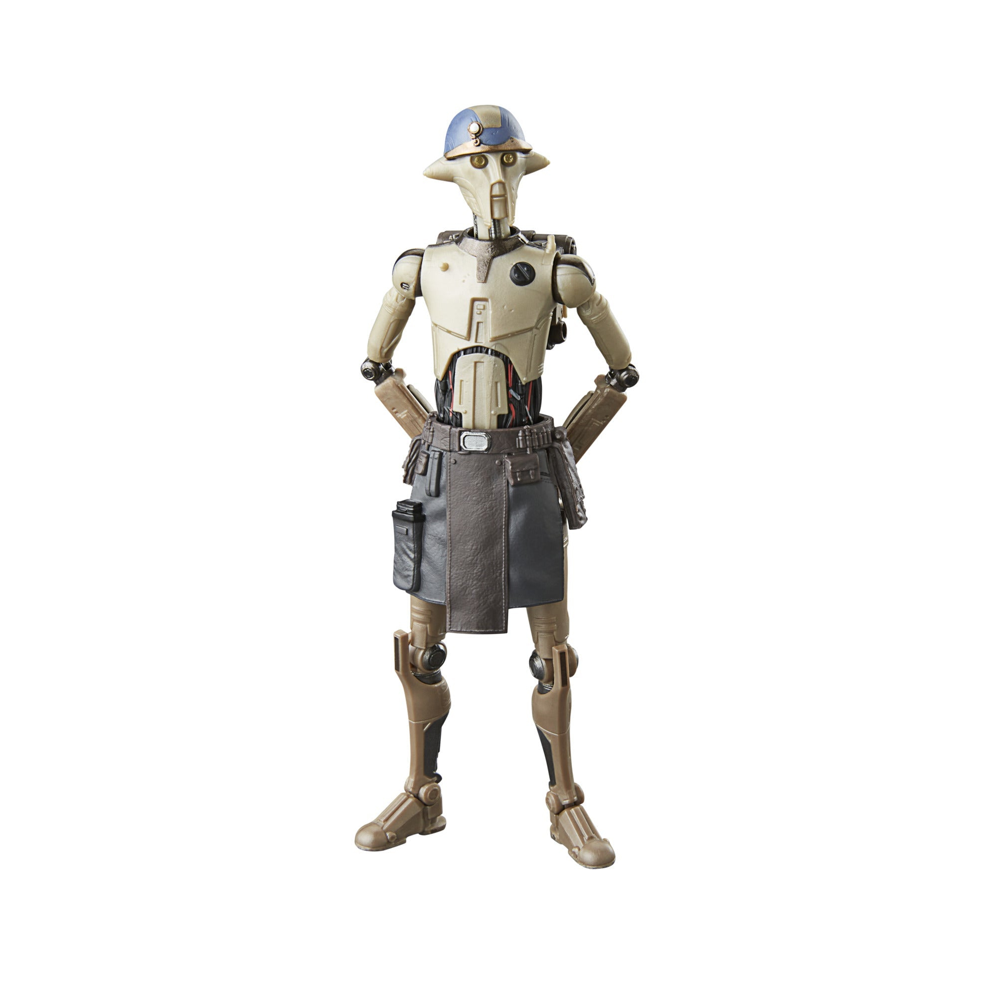 Action figure di Star Wars Professor Huyang, robot beige con cappello, mani sui fianchi.