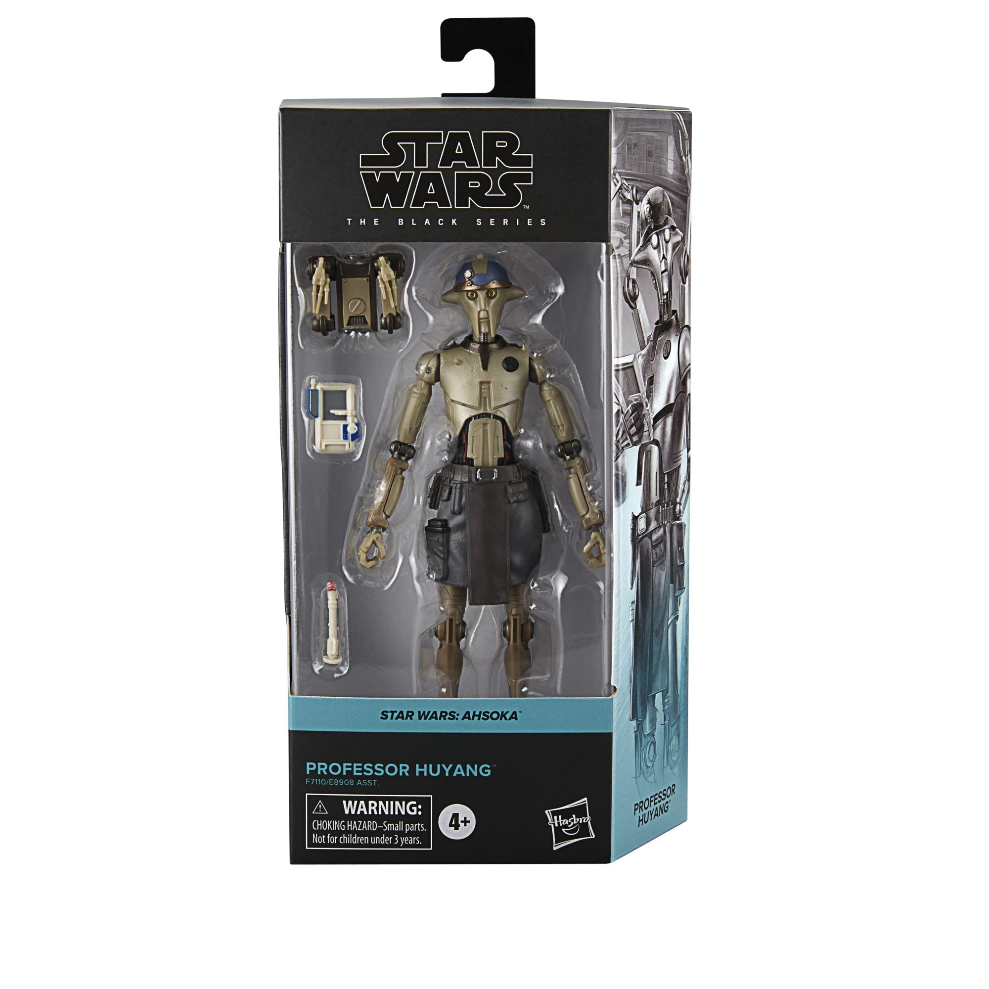Action figure di Star Wars Professor Huyang in una confezione con accessori e immagini del personaggio.