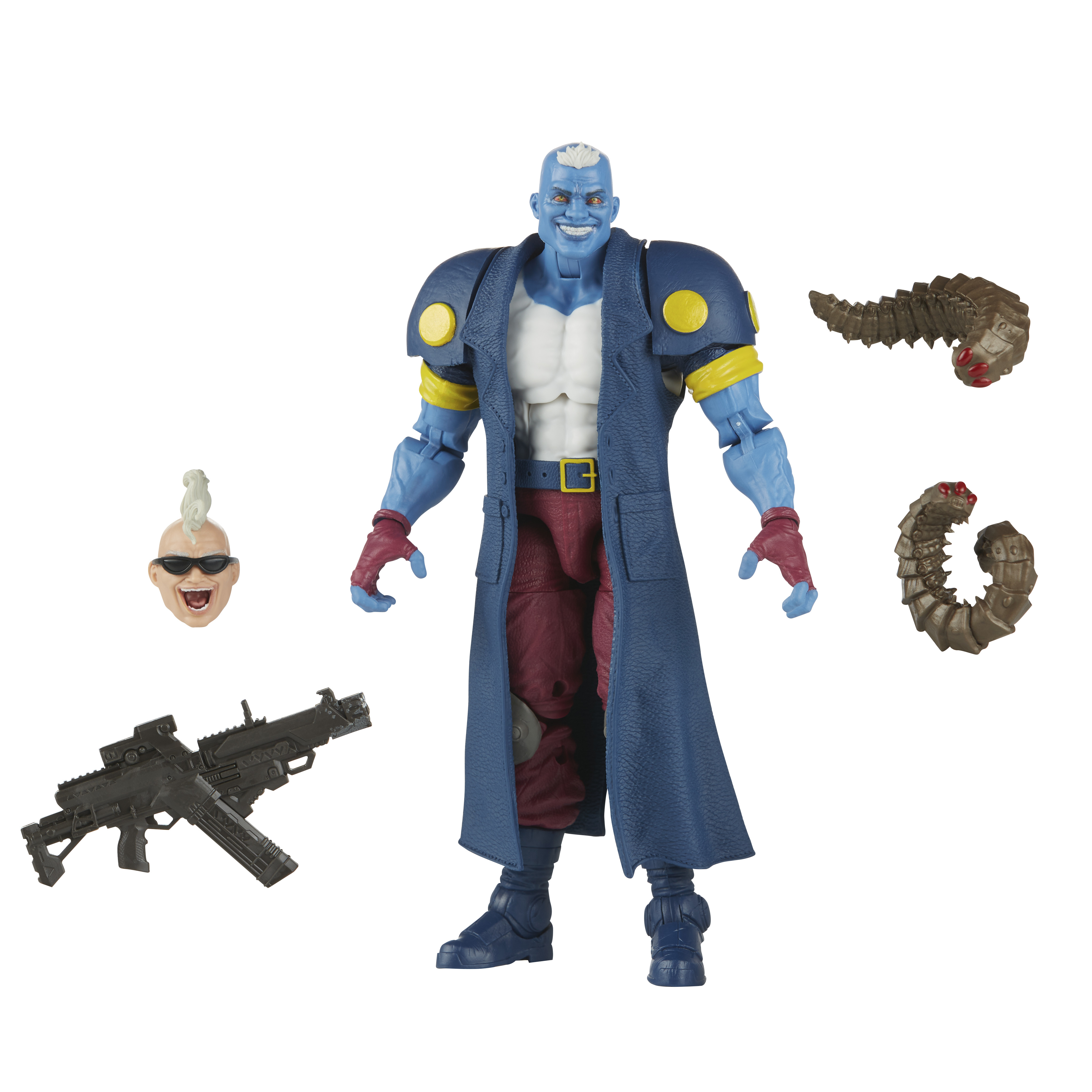 Action figure blu con testa staccata, arma e accessori. Indossa un lungo cappotto. Sfondo bianco.