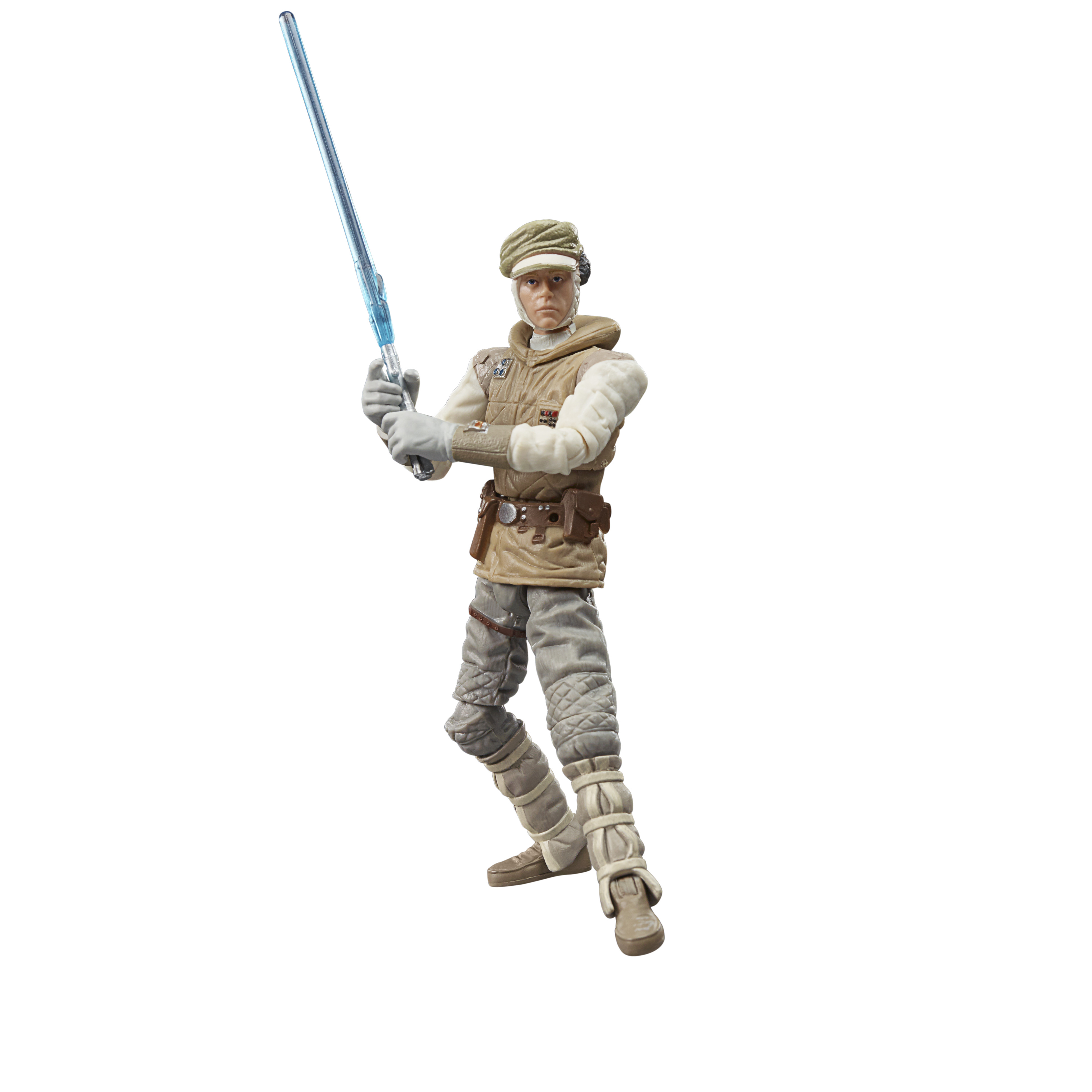 Action figure di Star Wars con una spada laser blu. Uniforme beige, sfondo bianco.