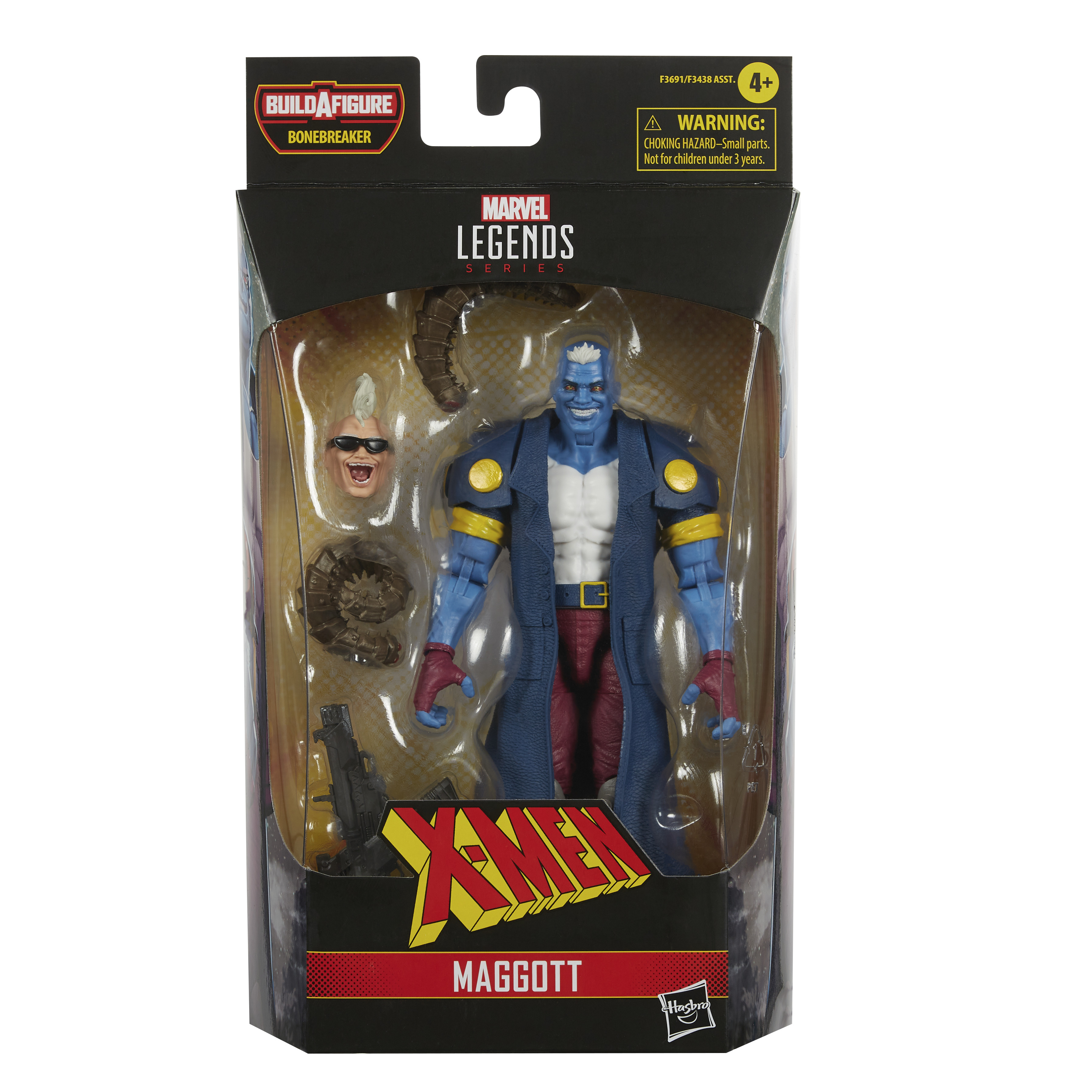 Action figure Marvel Legends Maggott in scatola, pelle blu, cappotto lungo e accessori.