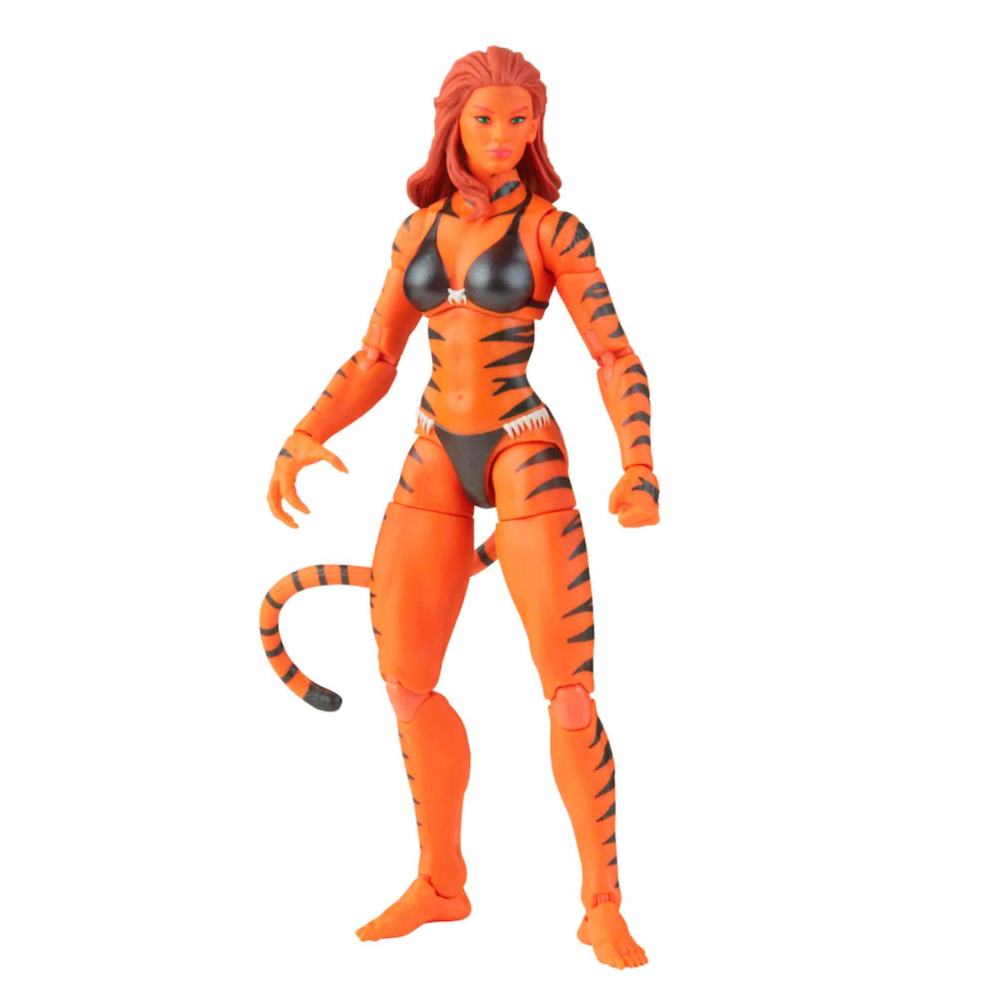 Una figura giocattolo di una donna con la pelle arancione, bikini nero e strisce di tigre. Ha una coda.