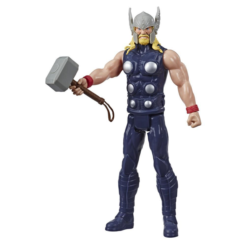 Un action figure di Thor con un martello, che indossa un completo blu, su sfondo bianco.