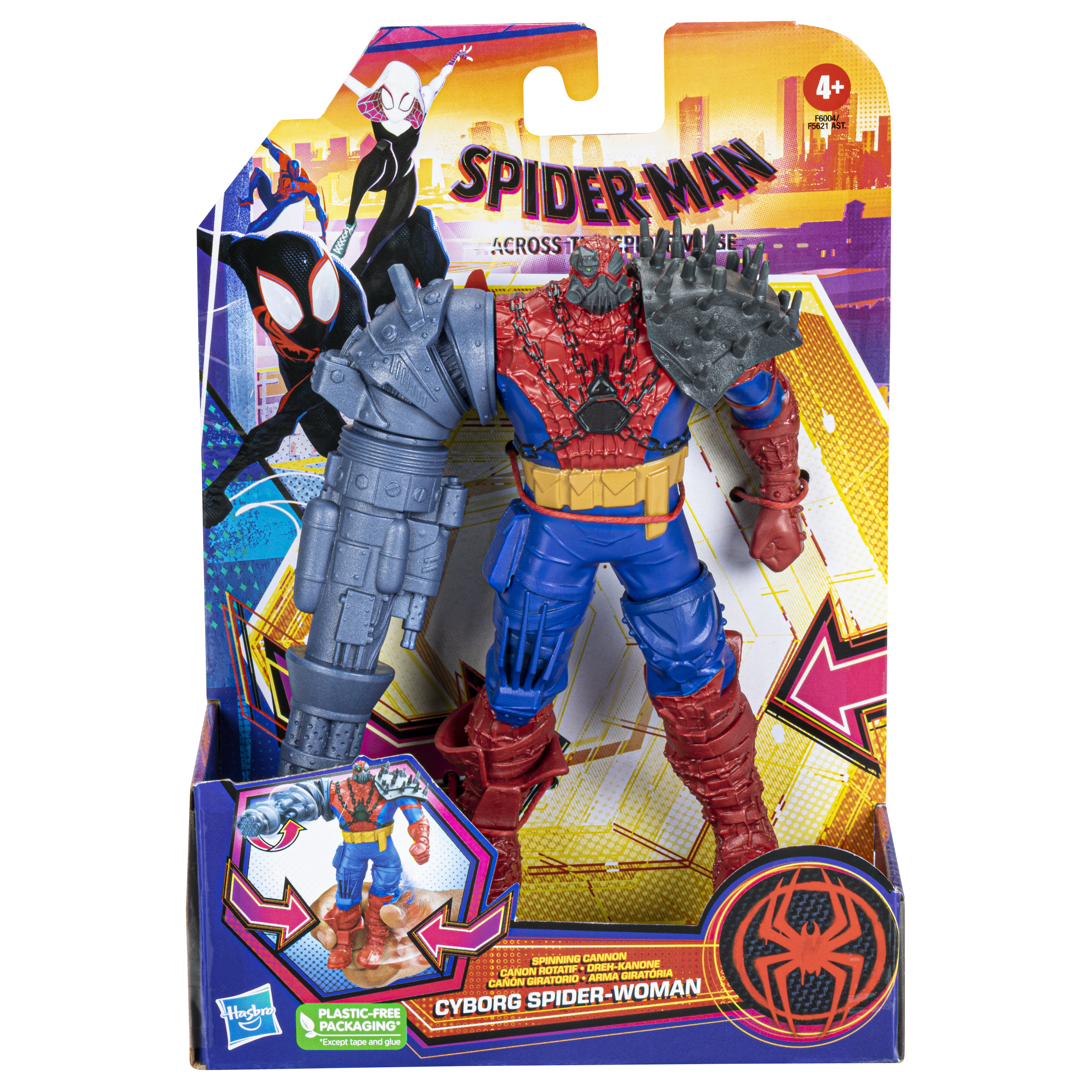 Spider-Man Actionfigur in Verpackung, mit Cyborg-Arm und Anzug.
