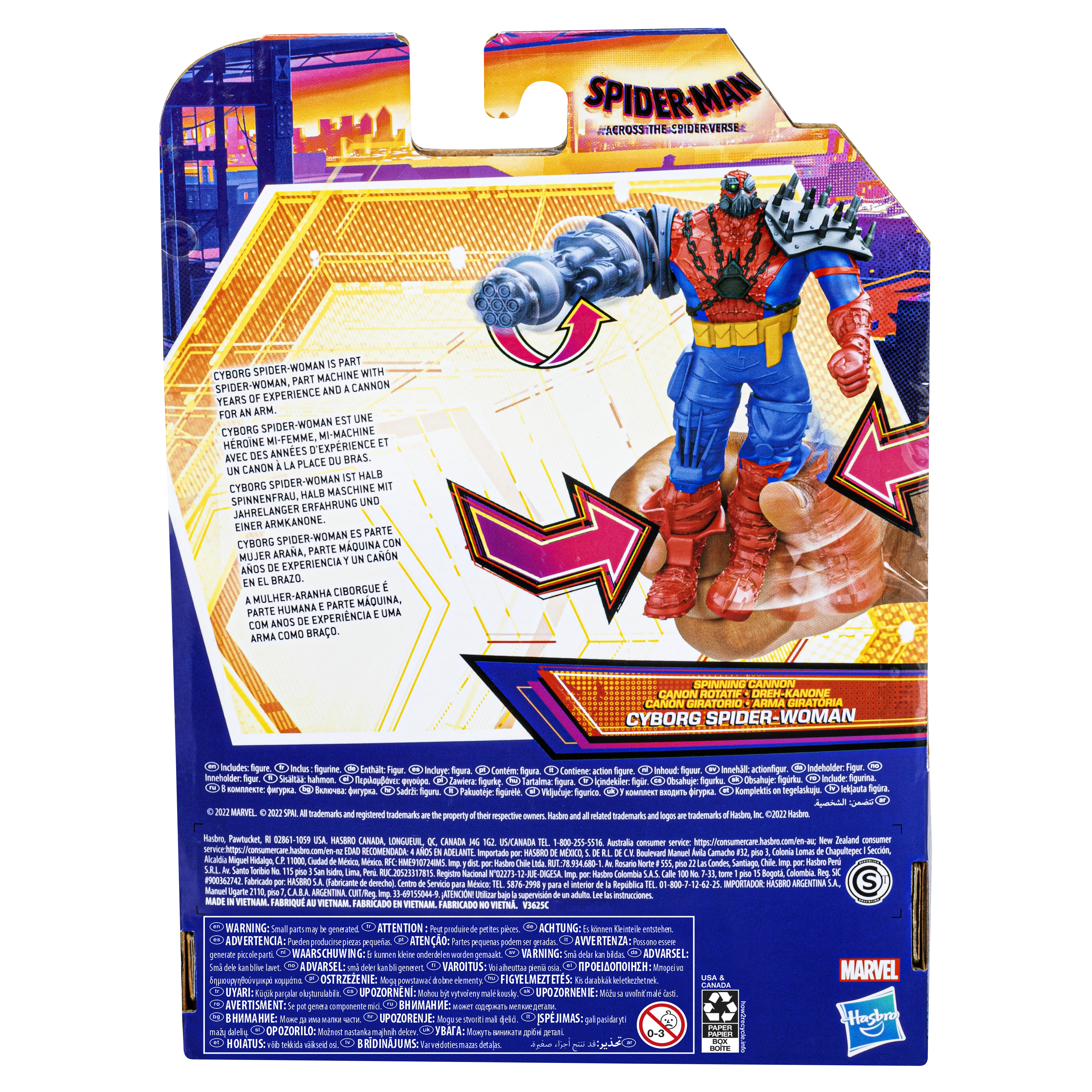Verpackung einer Cyborg Spider-Woman-Actionfigur, mit Text und Bildern.
