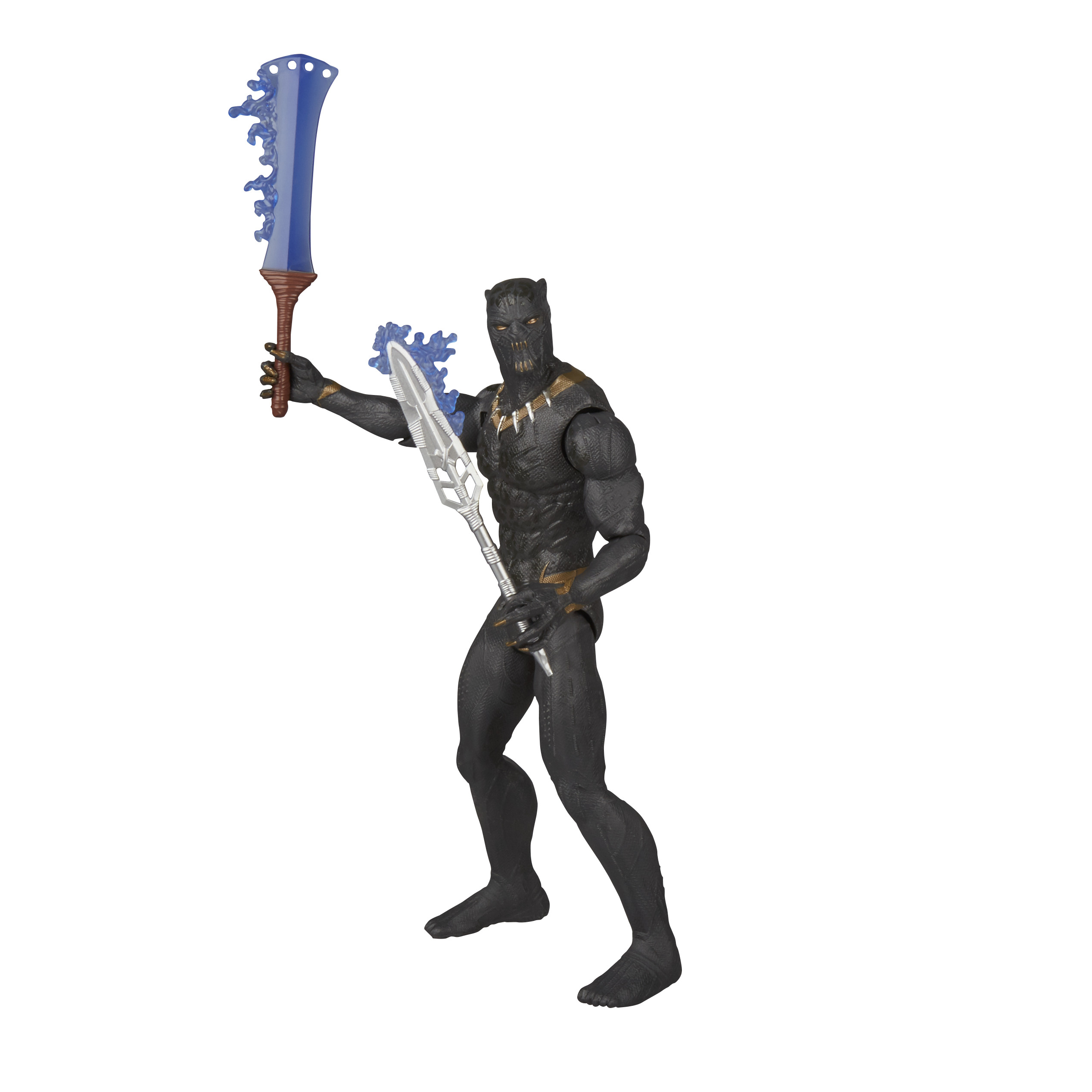 Figurka Black Panther trzymająca włócznię i broń z niebieską energią. Jest w pozycji bojowej.