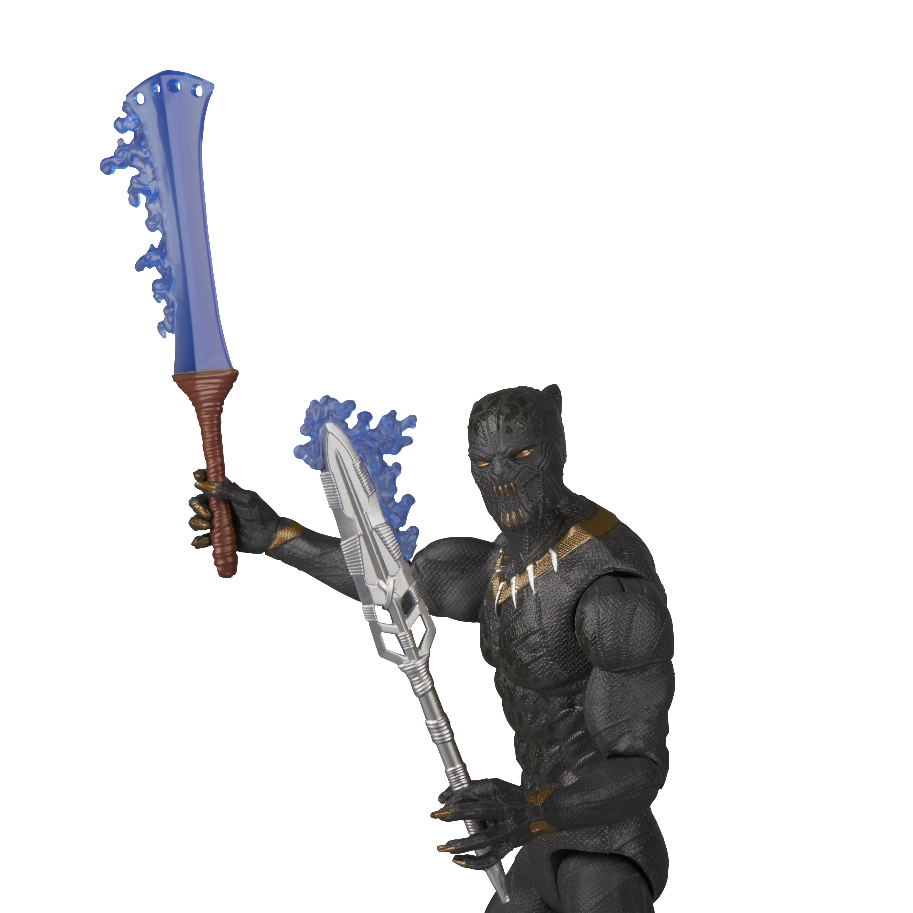 Figurka Black Panther trzymająca dwie niebieskie bronie energetyczne na białym tle.