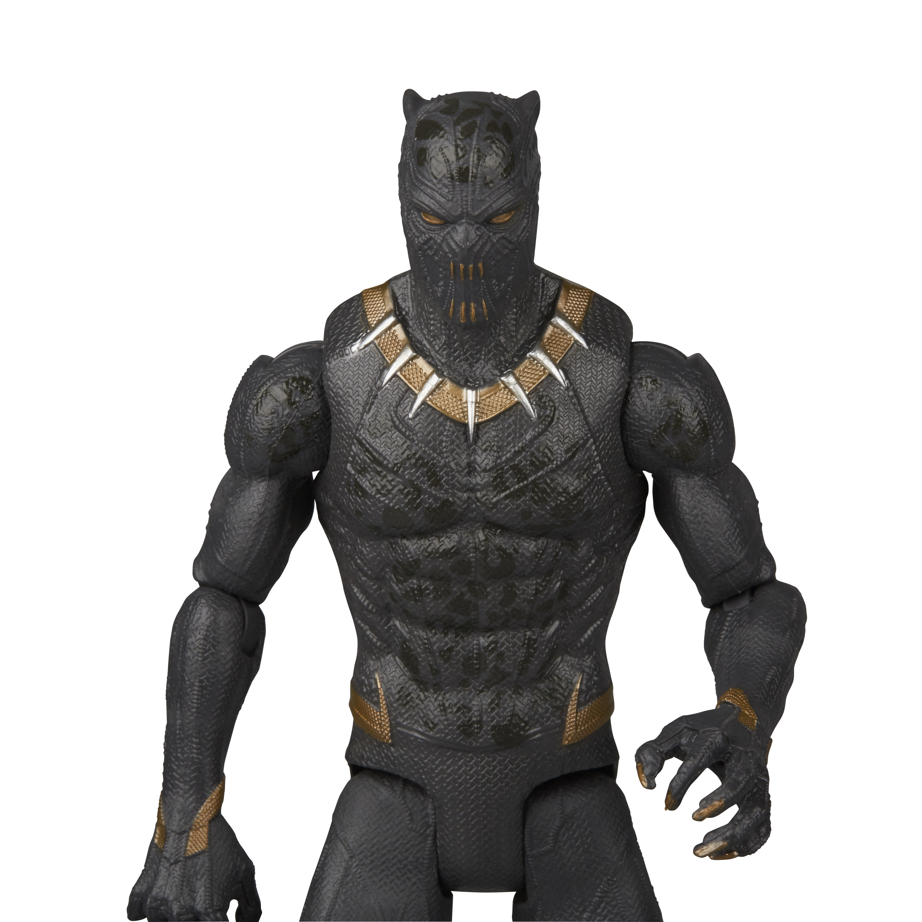 Figurka Black Panther, czarny strój, złote akcenty, białe tło, zgięte ramiona.