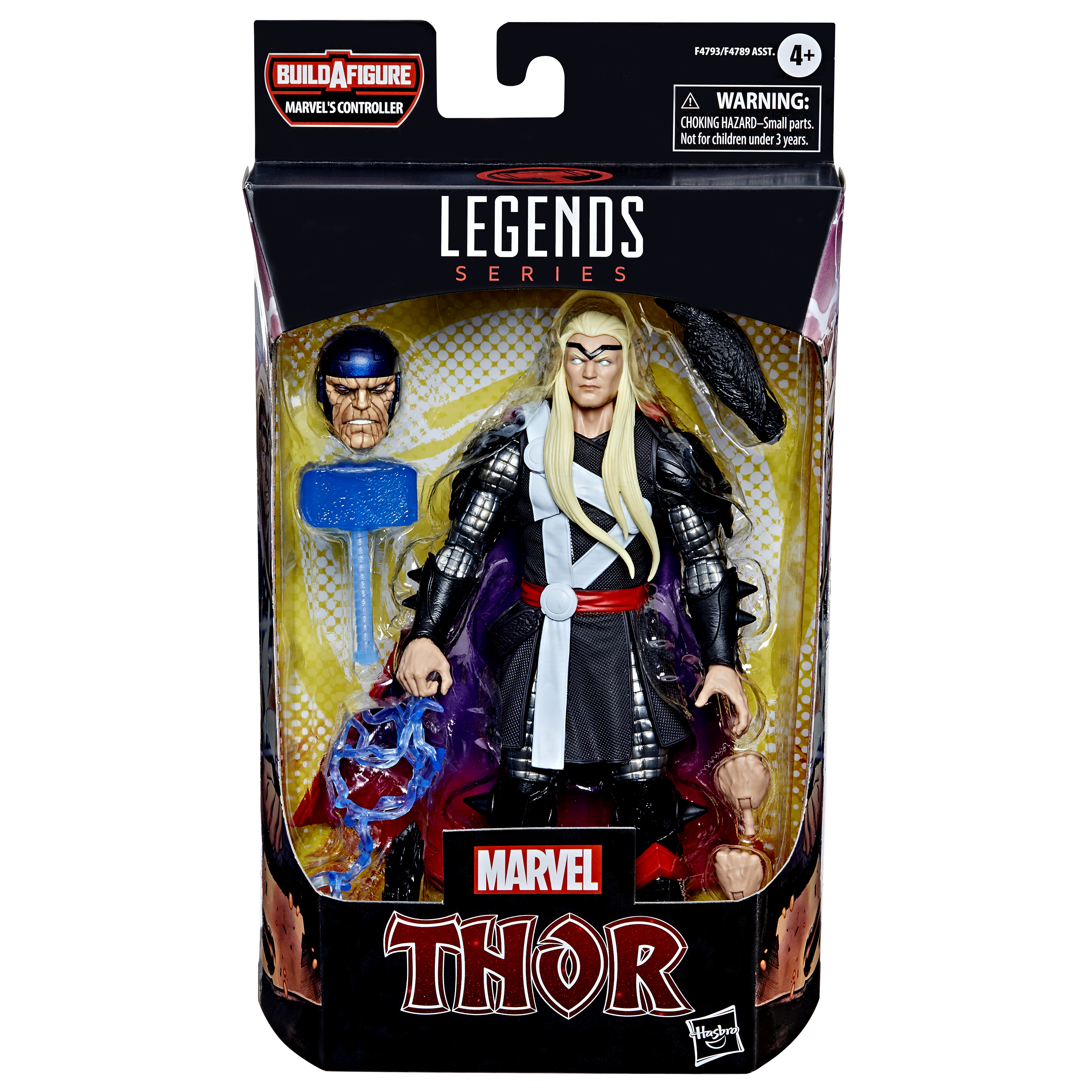 Figurka akcji Marvel Legends Thor w pudełku. Zawiera akcesoria i efekt niebieskiego błyskawicy. Białe tło.