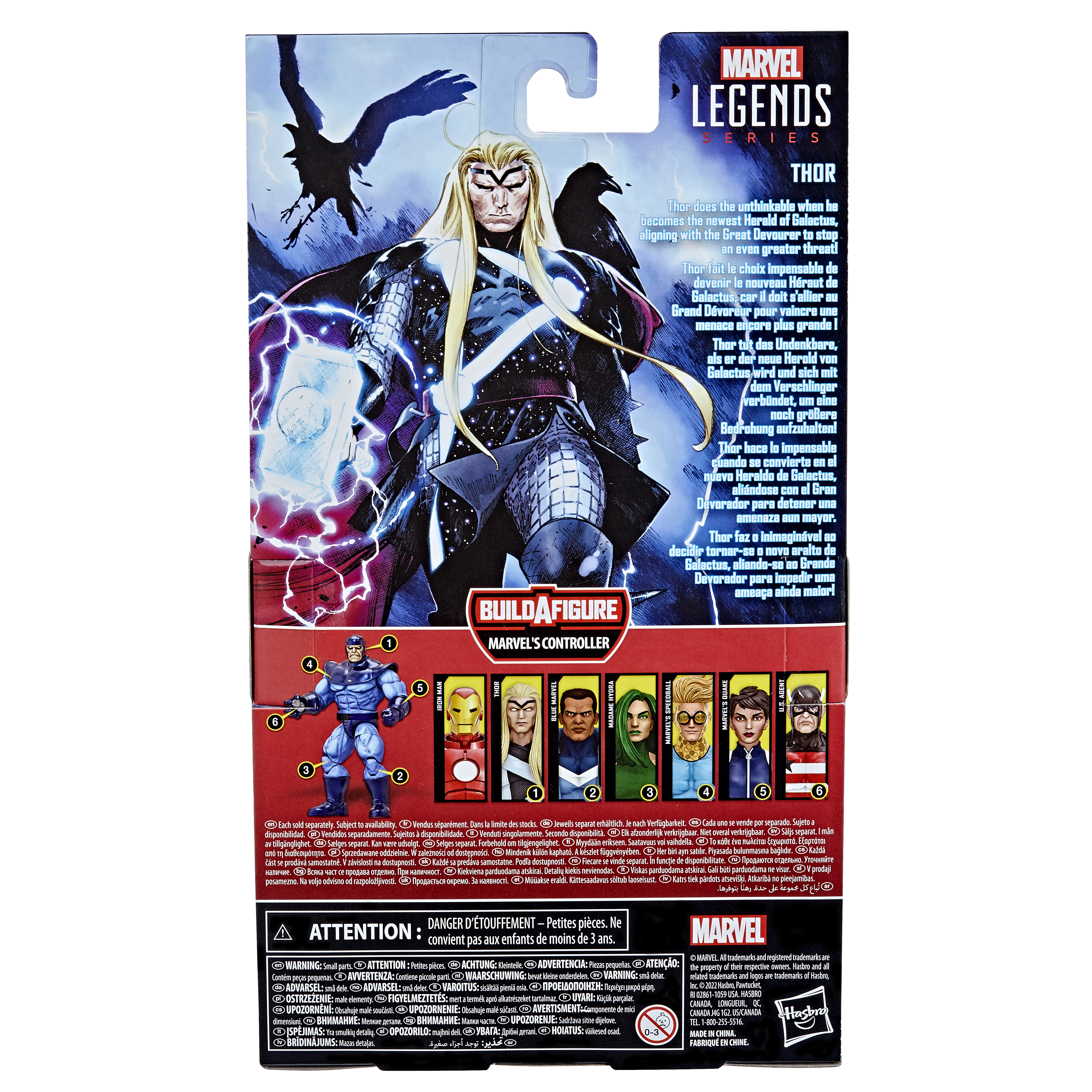 Tył opakowania figurki Marvel Legends Thor. Pokazuje wizerunek Thora i innych postaci.