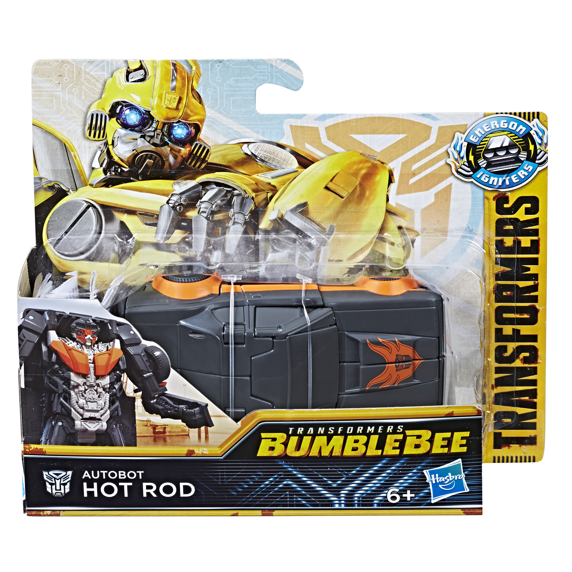 Giocattolo Bumblebee nella confezione. Figura gialla e nera con design di auto. Loghi Transformers e Energon Igniters.