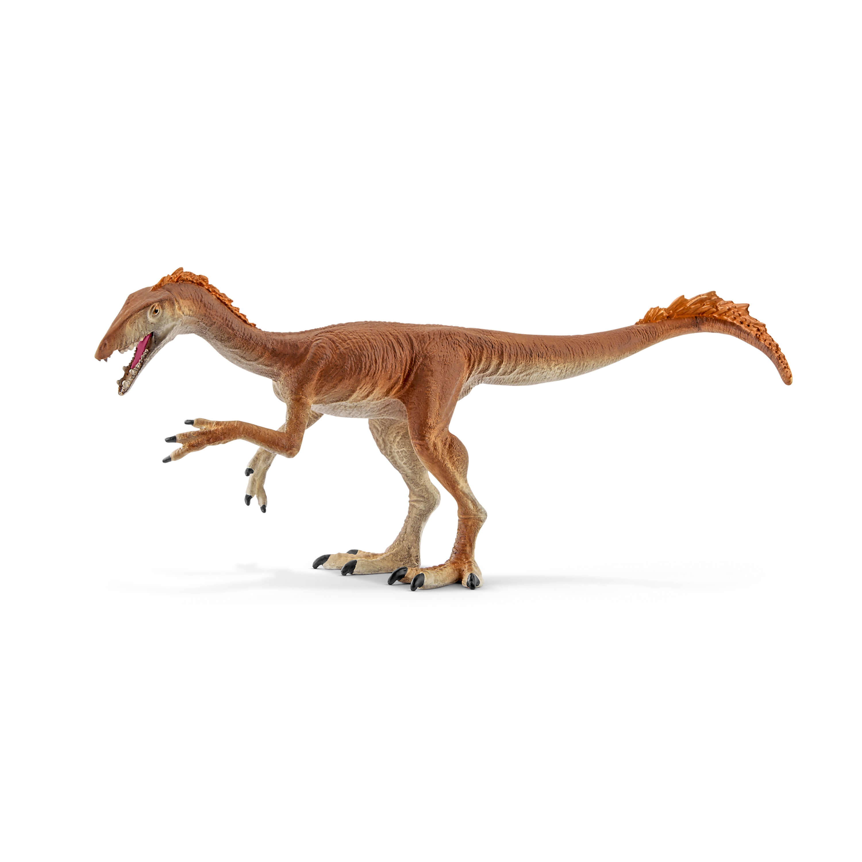 Un juguete de dinosaurio marrón con la boca abierta y la cola curvada.