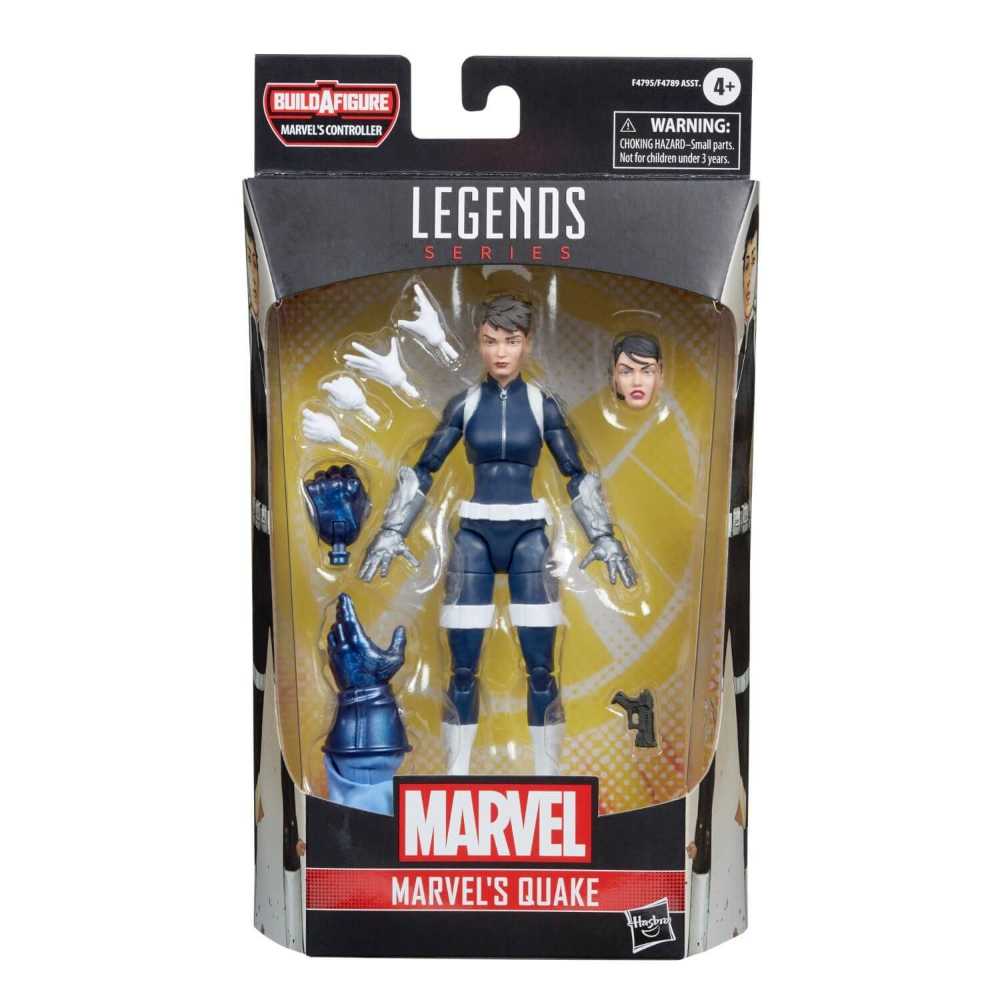 Figura de acción de Marvel's Quake en una caja, con accesorios y fondo blanco.