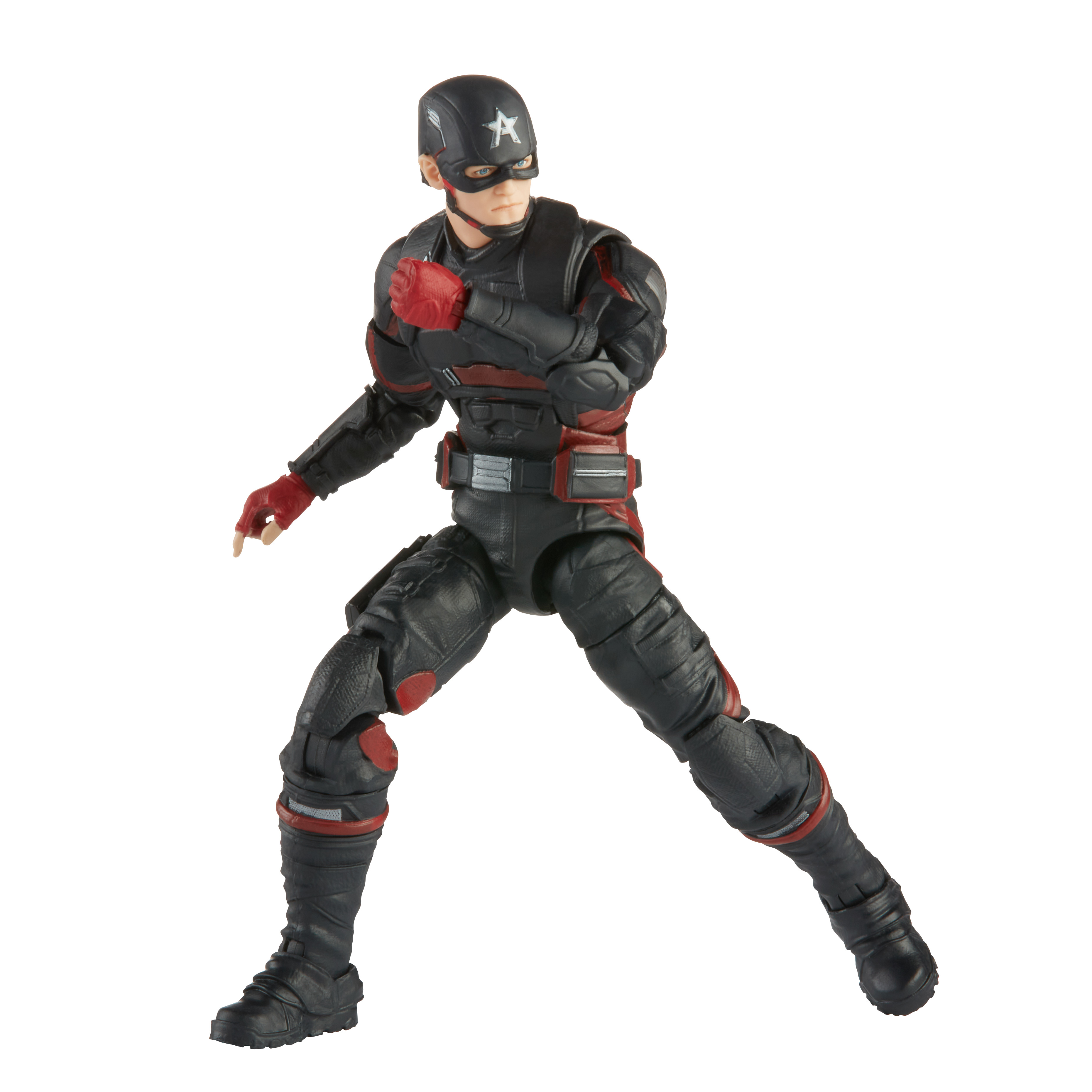Action figure di un uomo in tuta nera e rossa, in posizione di combattimento.