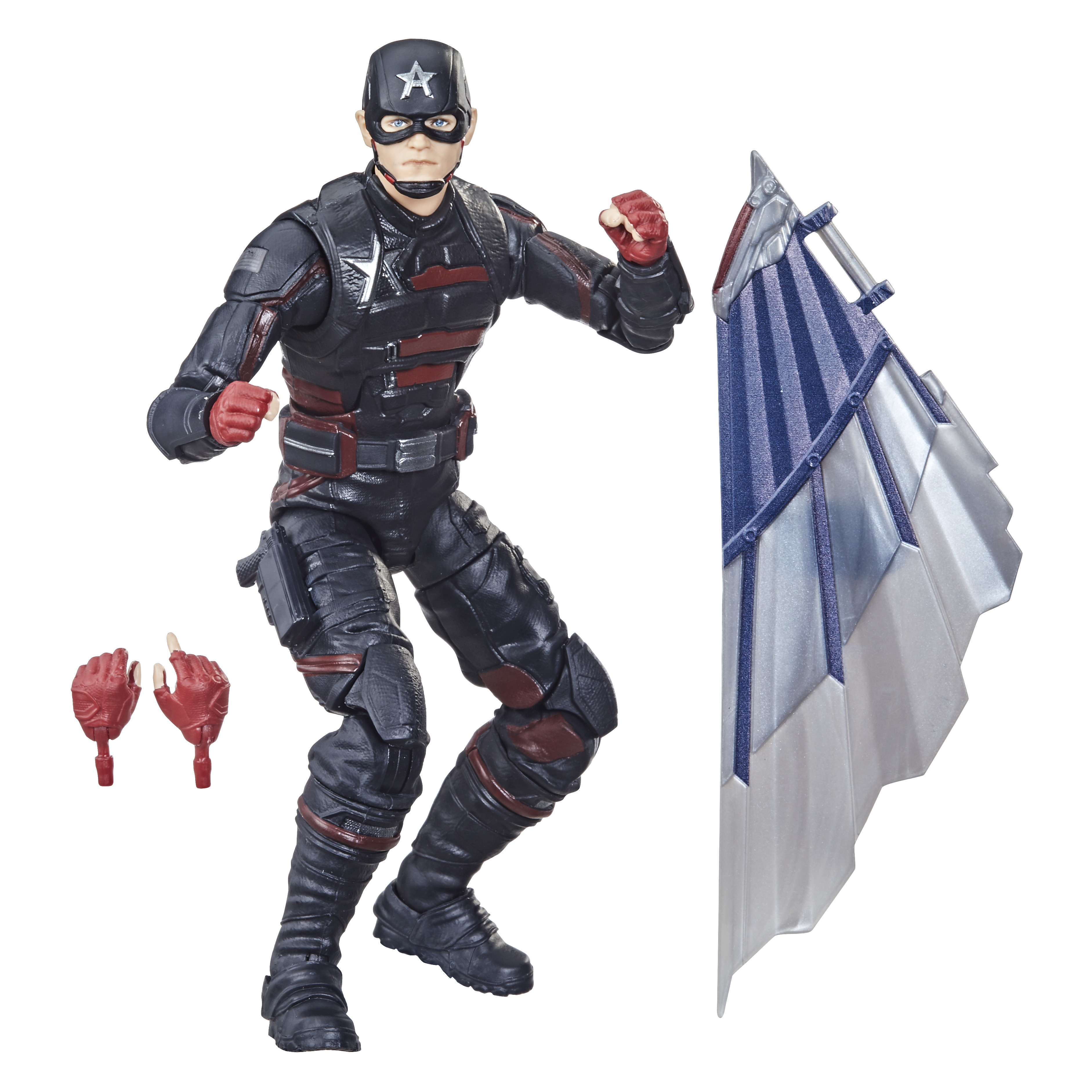 Action figure di un uomo in tuta nera e rossa, scudo e mani extra.