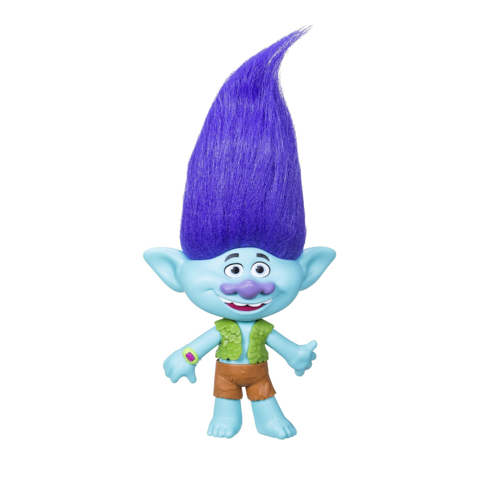 Un giocattolo troll blu con grandi capelli viola. Ha un gilet verde e pantaloncini marroni.