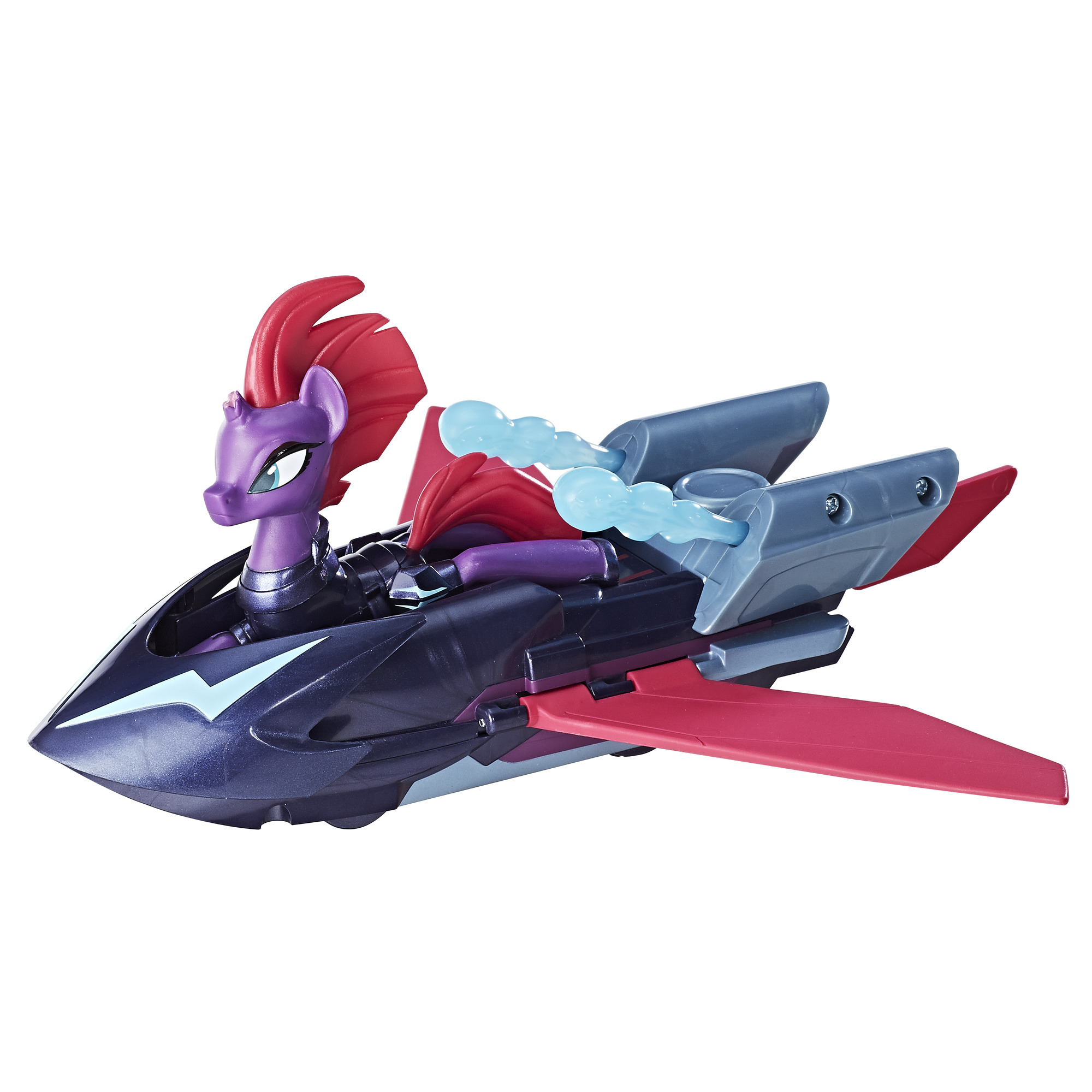 Una figura di pony viola in un jet nero e rosso con scie di fumo. Il pony ha i capelli rossi.
