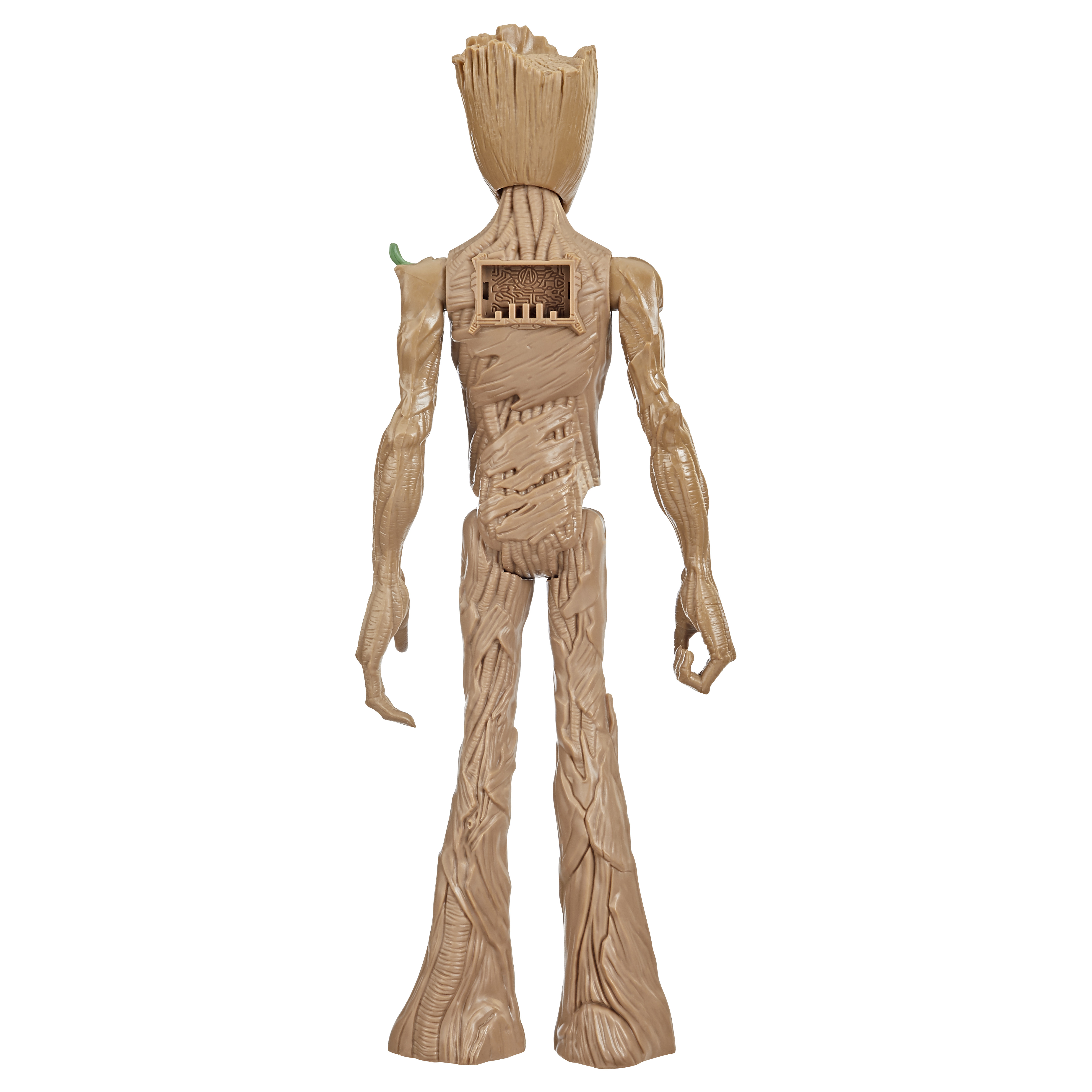 Figura de juguete Groot, vista trasera. Textura de madera marrón, con una abertura en la espalda. Hojas verdes presentes.