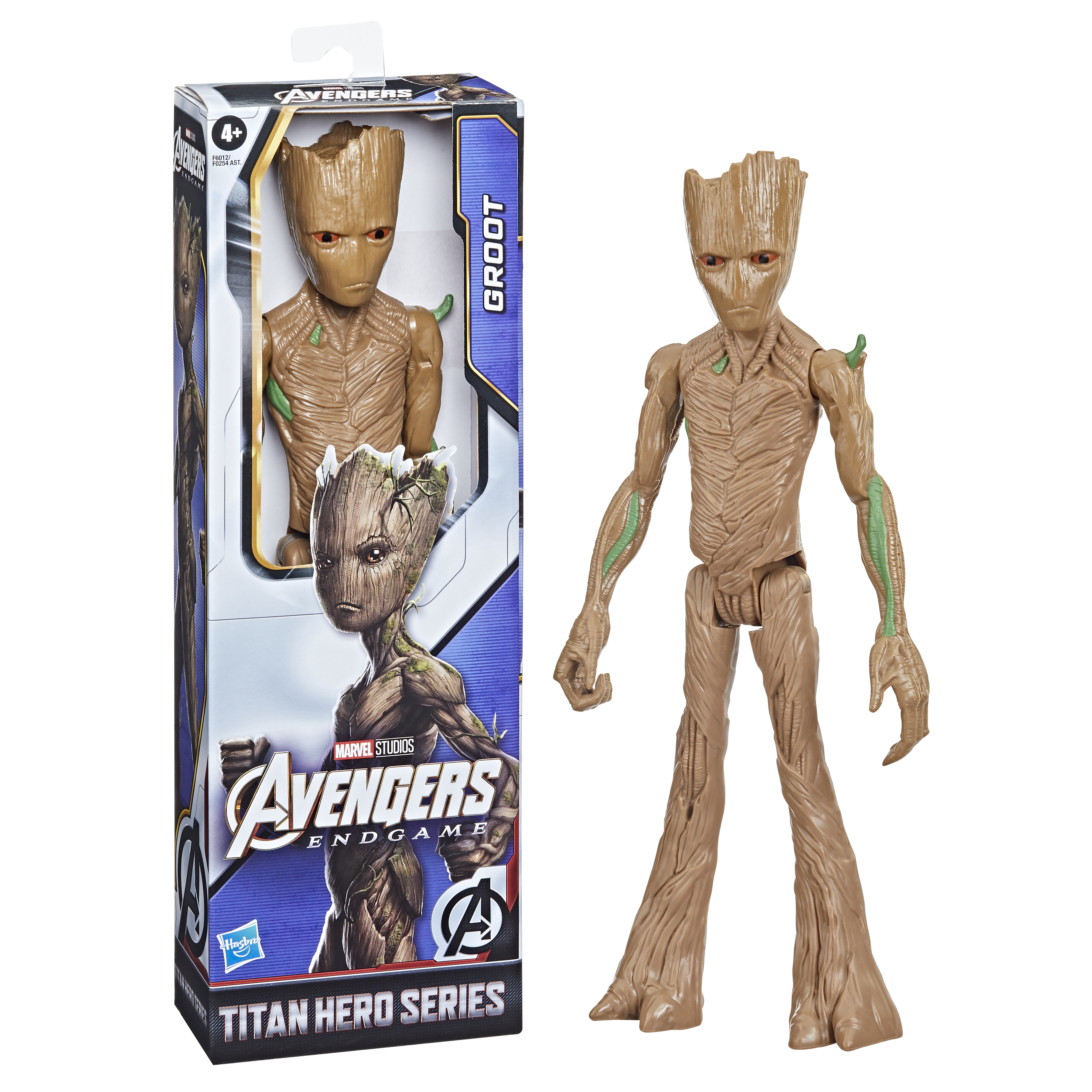 Figura de acción de Groot y caja. La figura es marrón con detalles verdes. Fondo blanco.