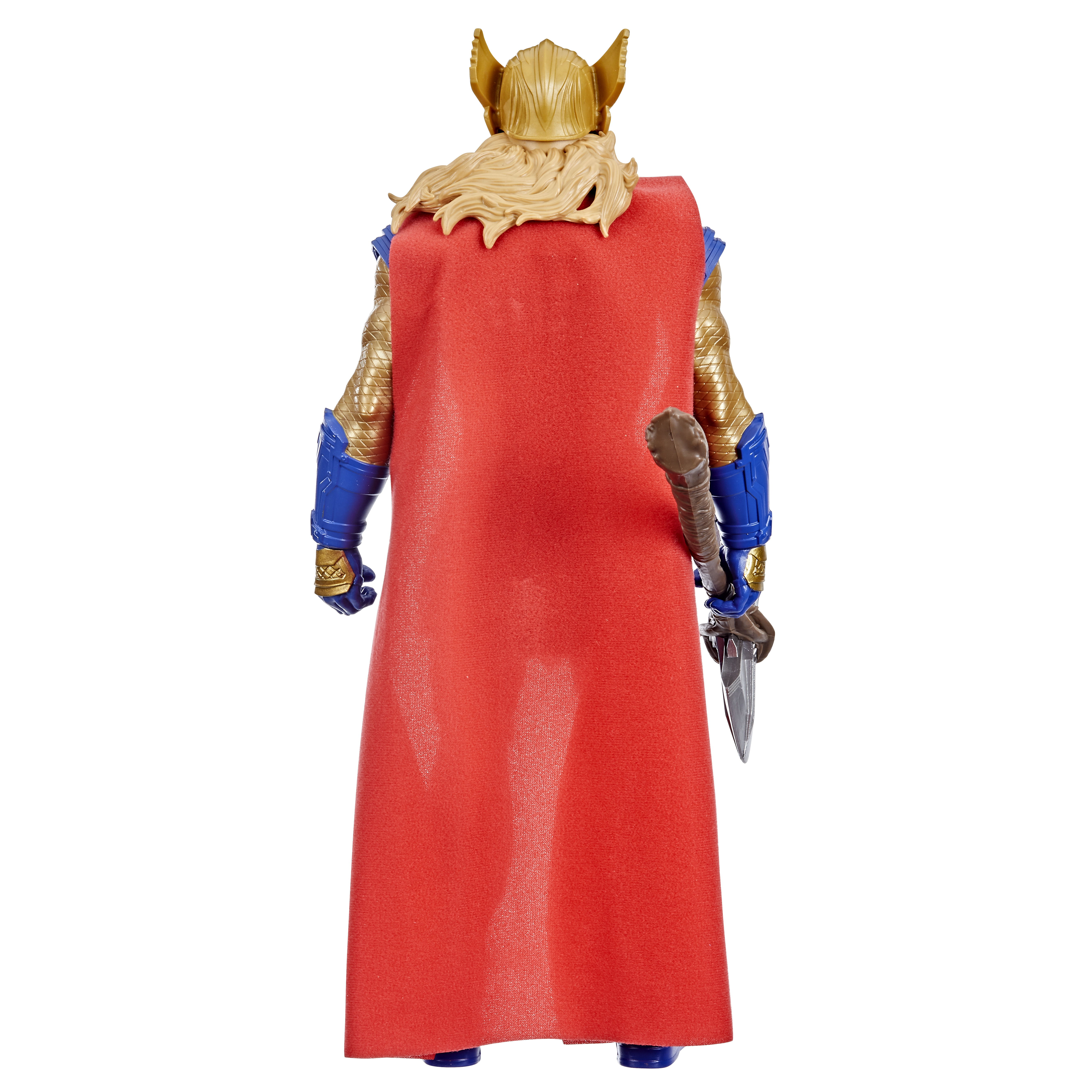 Action figure di Thor, vista posteriore, mantello rosso, armatura dorata, sfondo bianco.