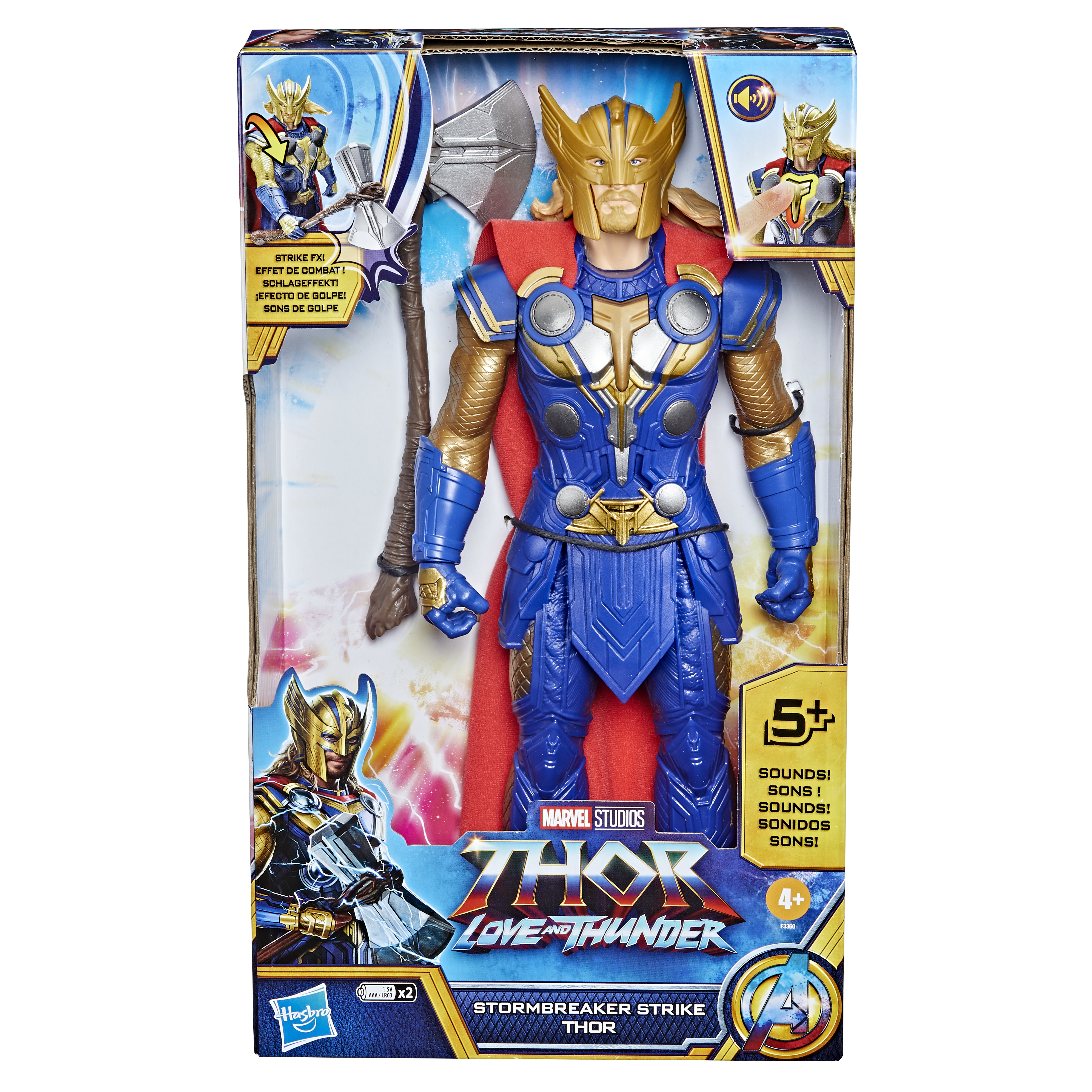 Action figure di Thor in scatola. Armatura blu e oro, mantello rosso e un'ascia Stormbreaker.