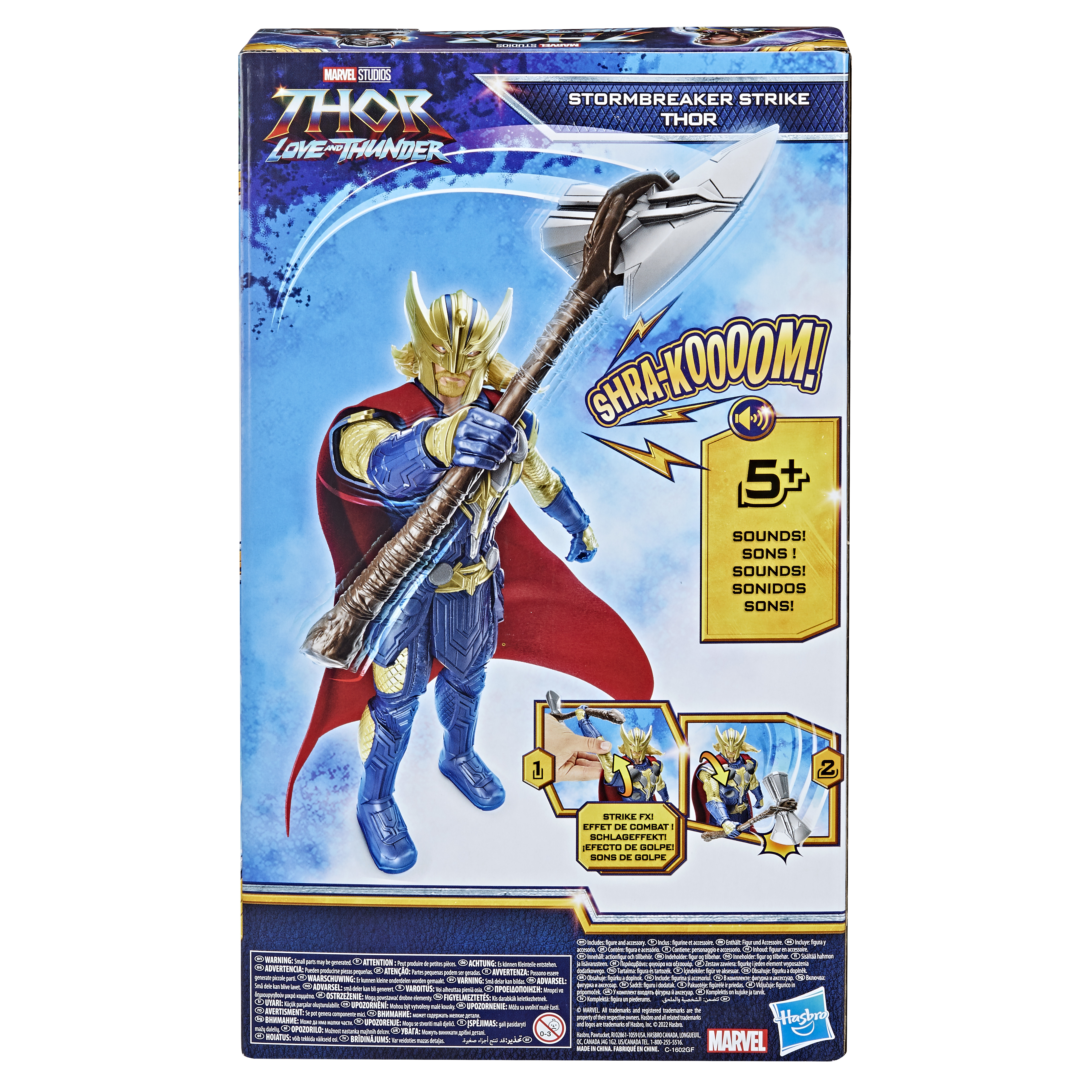 Retro della scatola di Thor, figura di Thor con arma, sfondo bianco.