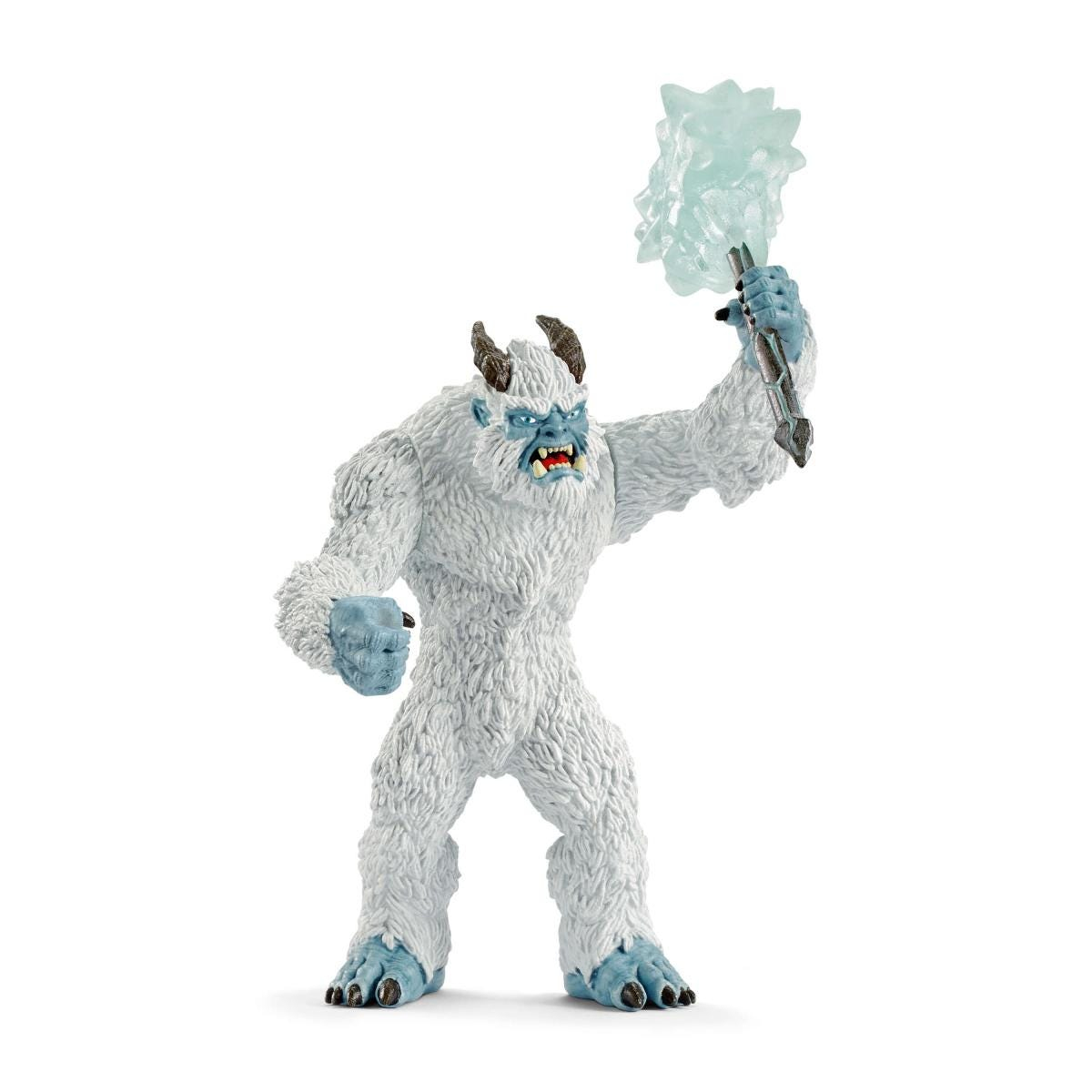 Un giocattolo Yeti bianco con faccia blu e arma ghiacciata, in piedi contro uno sfondo bianco.