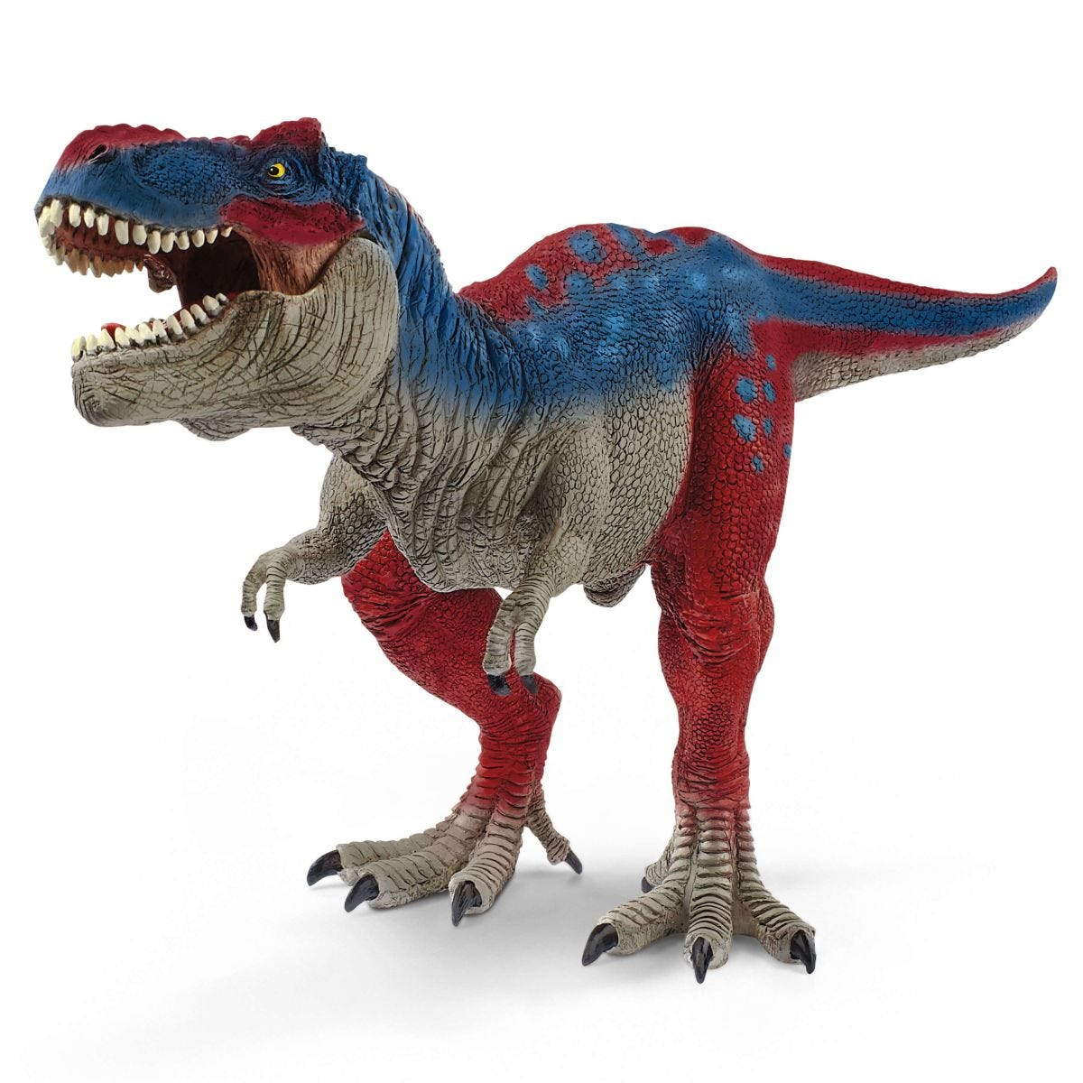 Un dinosauro giocattolo, un T-Rex, con segni rossi e blu.