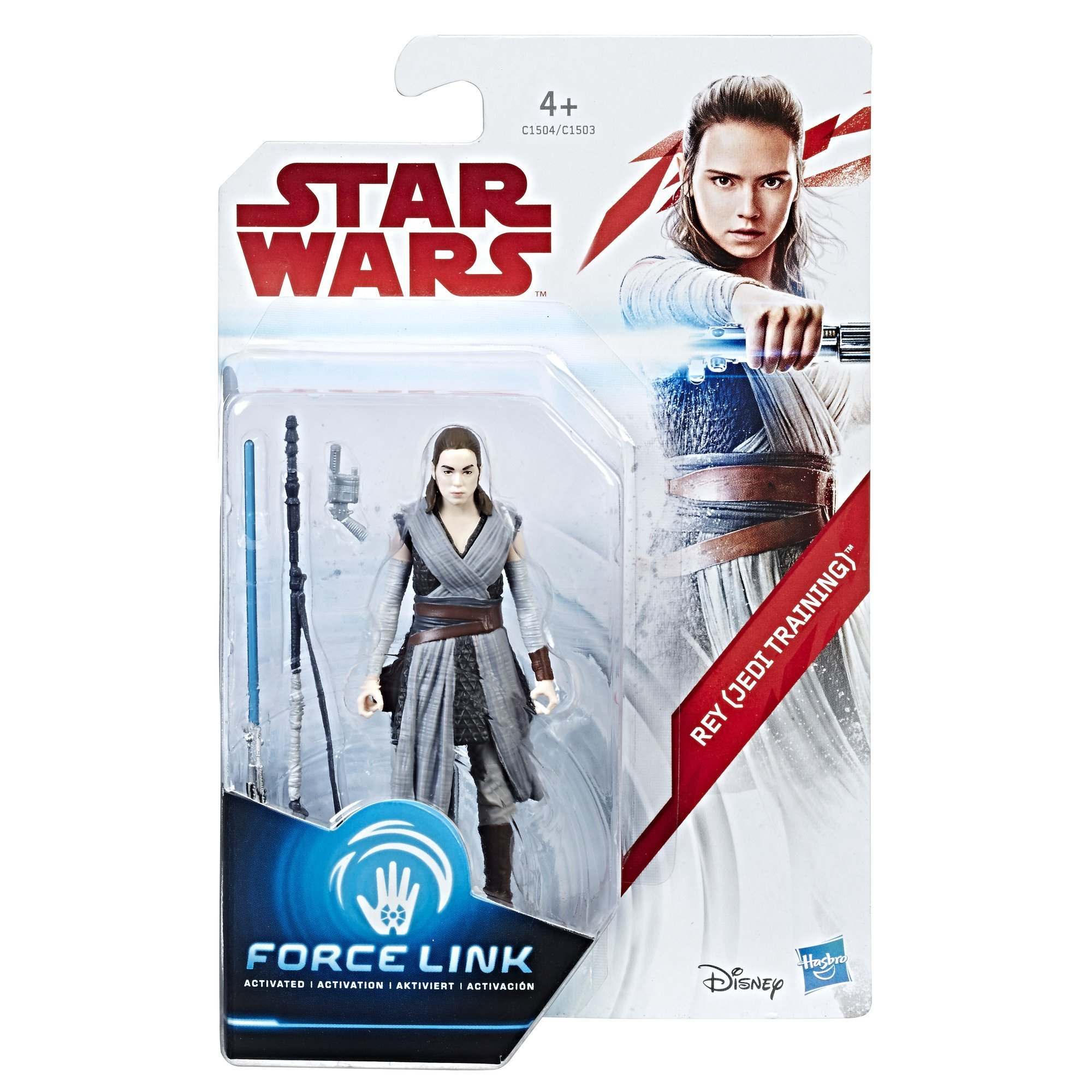 Un giocattolo di Star Wars Rey in una confezione. La confezione presenta Rey, una spada laser e un bastone.