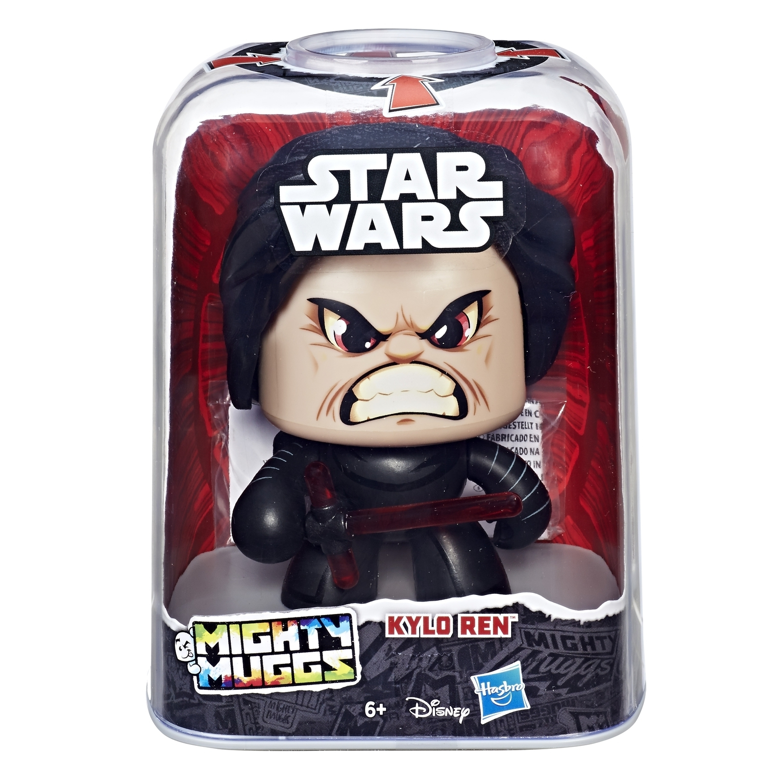 Figurka Kylo Ren Mighty Muggs w plastikowej gablocie z etykietą Gwiezdnych Wojen.