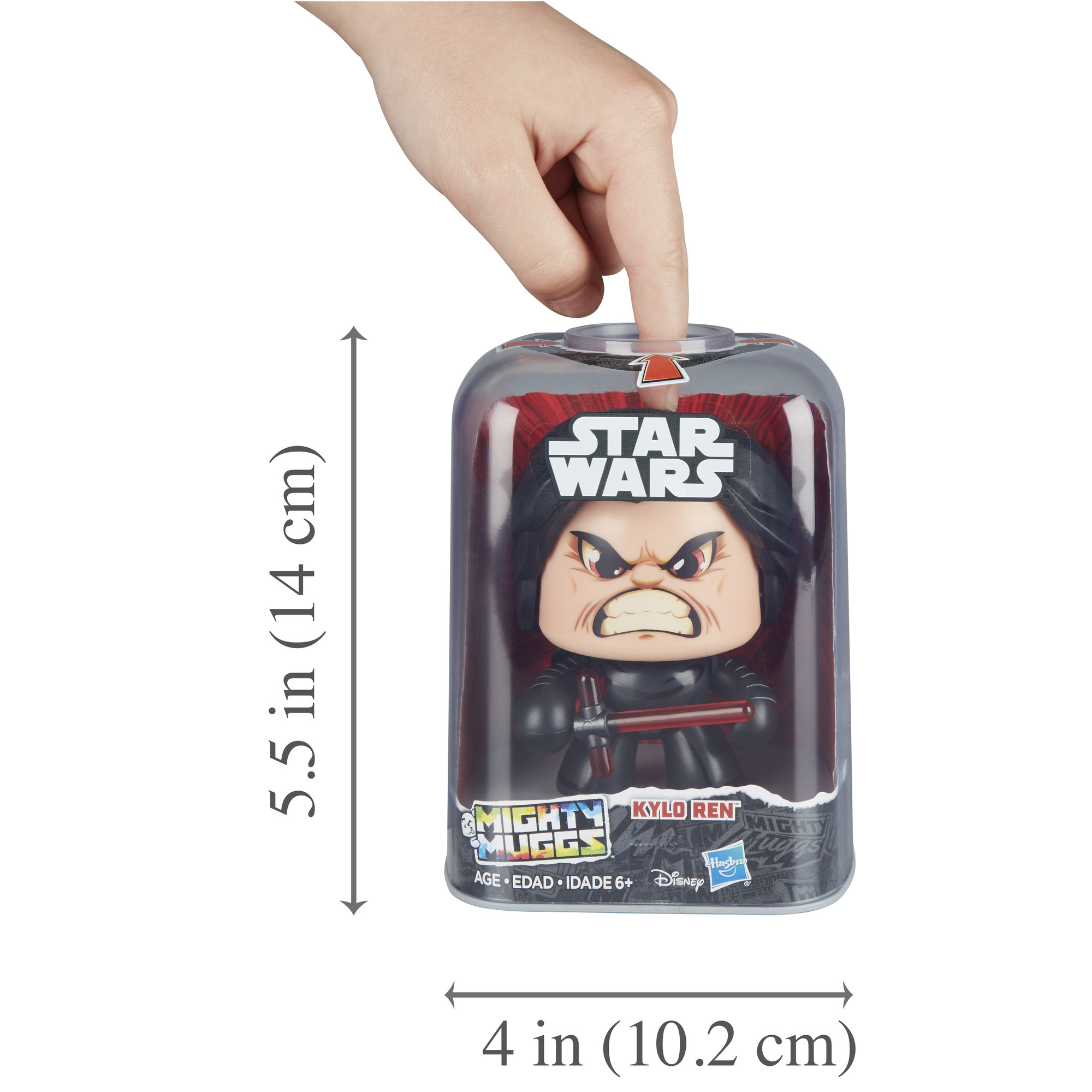 Ręka dotykająca figurki Kylo Ren w opakowaniu Star Wars, z pokazanymi wymiarami.