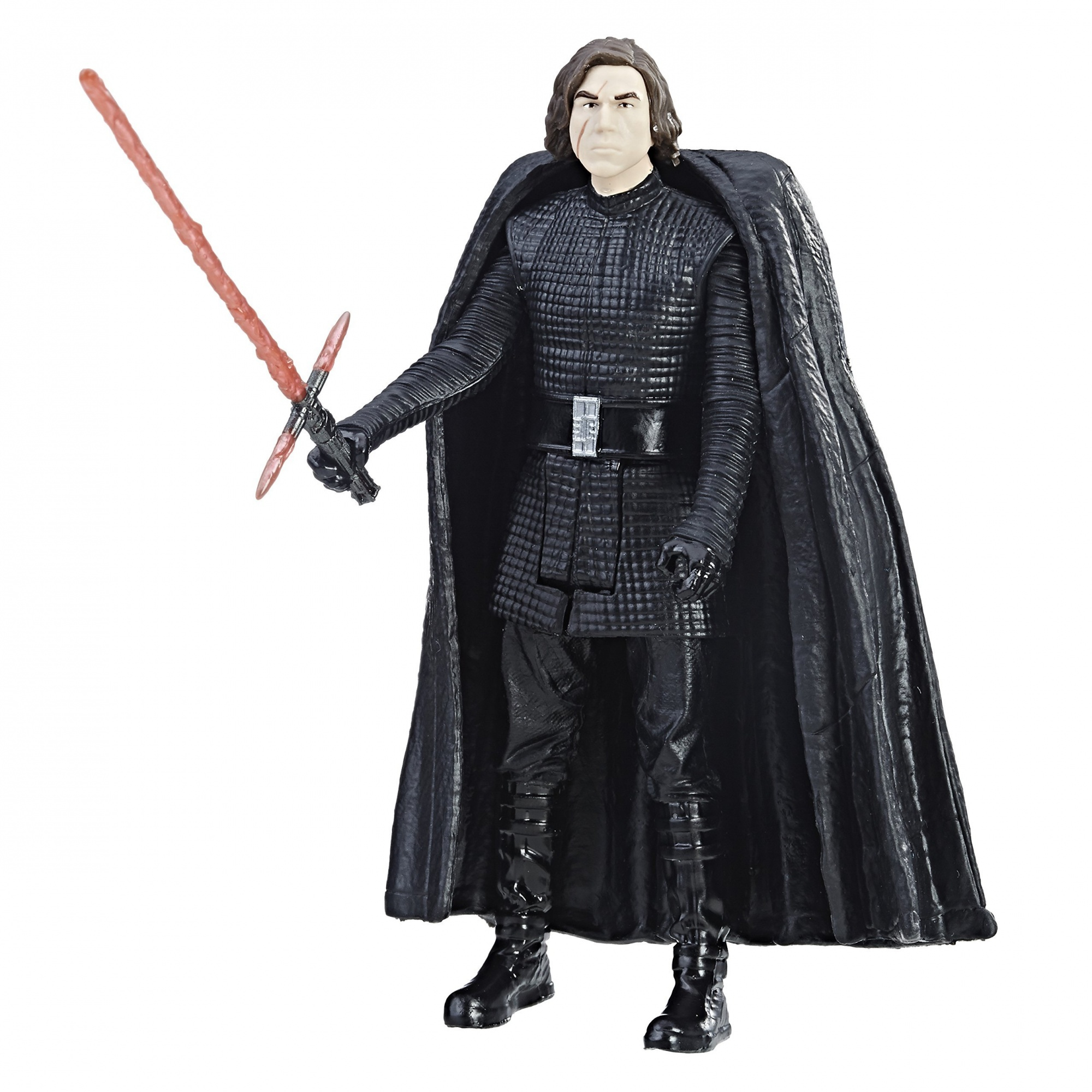 Kylo Ren Actionfigur mit rotem Lichtschwert und Umhang, vor weißem Hintergrund.