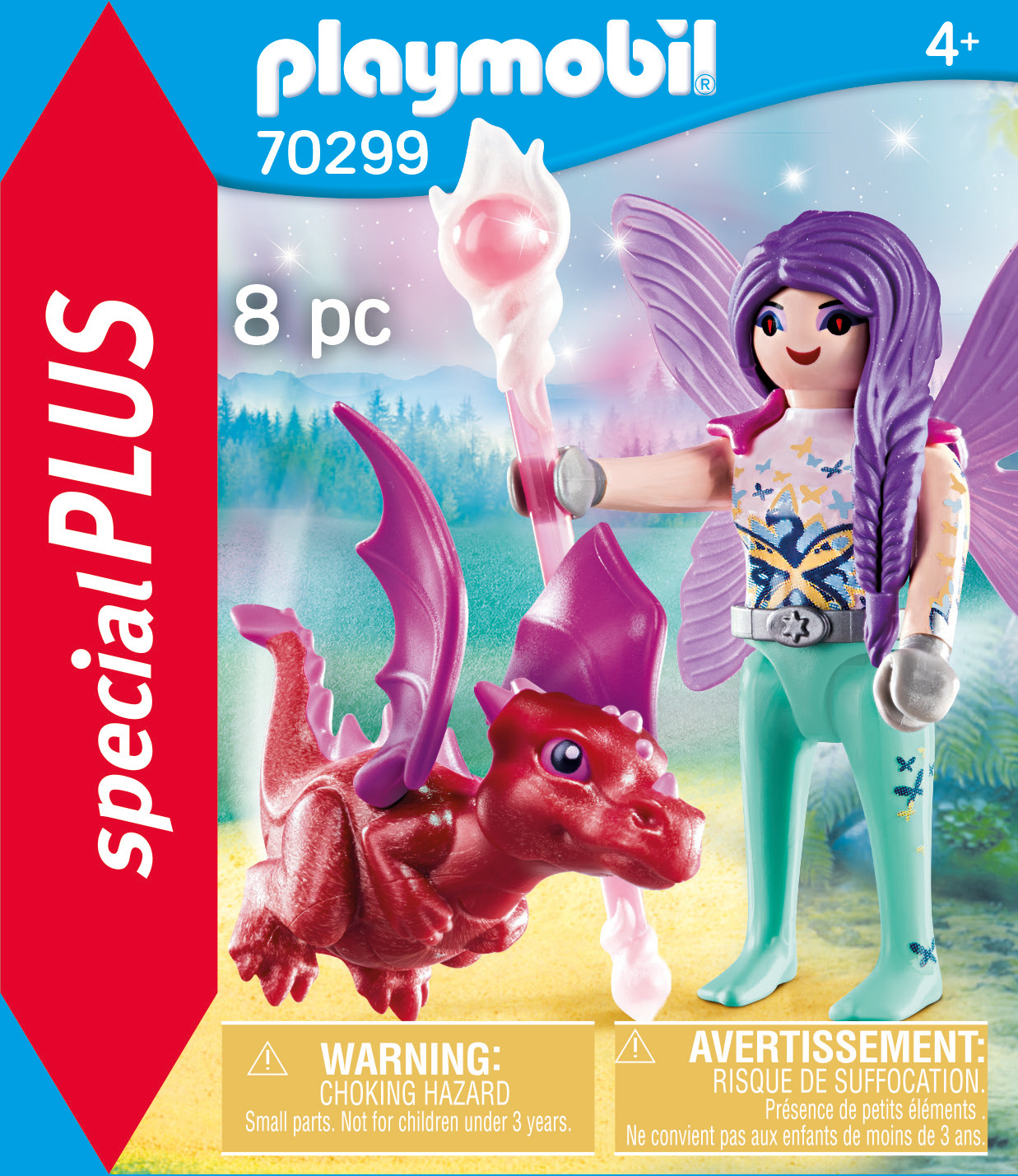 Un set di giocattoli Playmobil che mostra una fata, un drago e altri accessori. Lo sfondo è una confezione.
