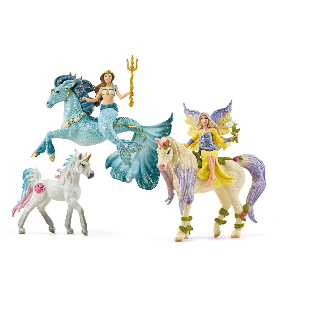 Set di giocattoli con una sirena su un cavalluccio marino, un piccolo unicorno e una fata.