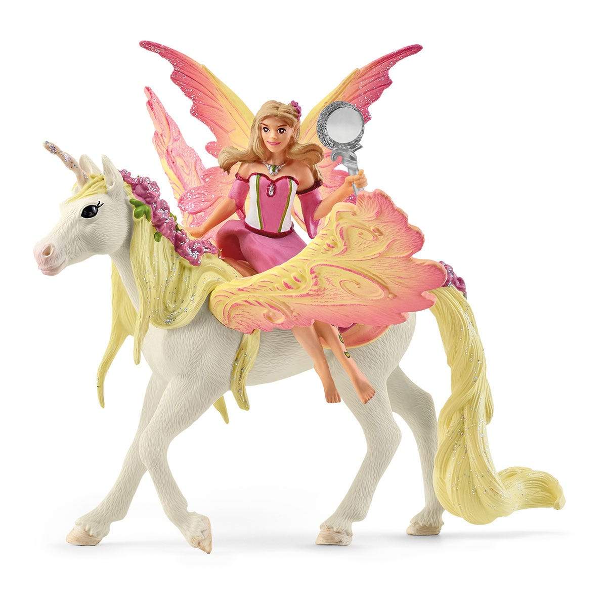Una fata giocattolo in sella a un unicorno, con ali e uno specchio in mano.