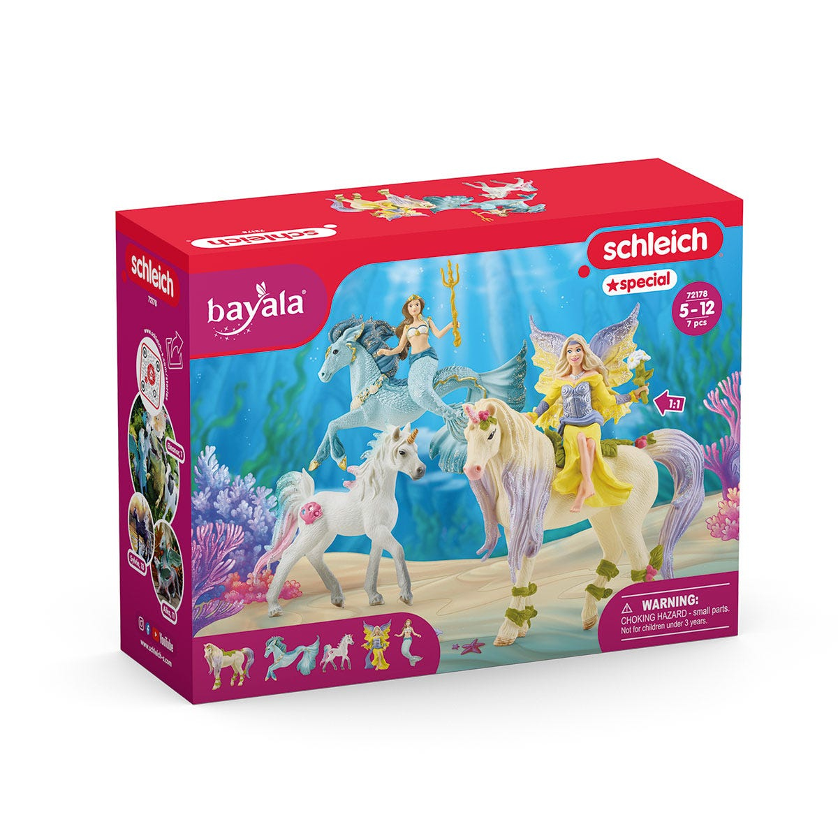 Una scatola di giocattoli con figure di sirene, fate e unicorni, con uno sfondo blu sottomarino, su sfondo bianco.