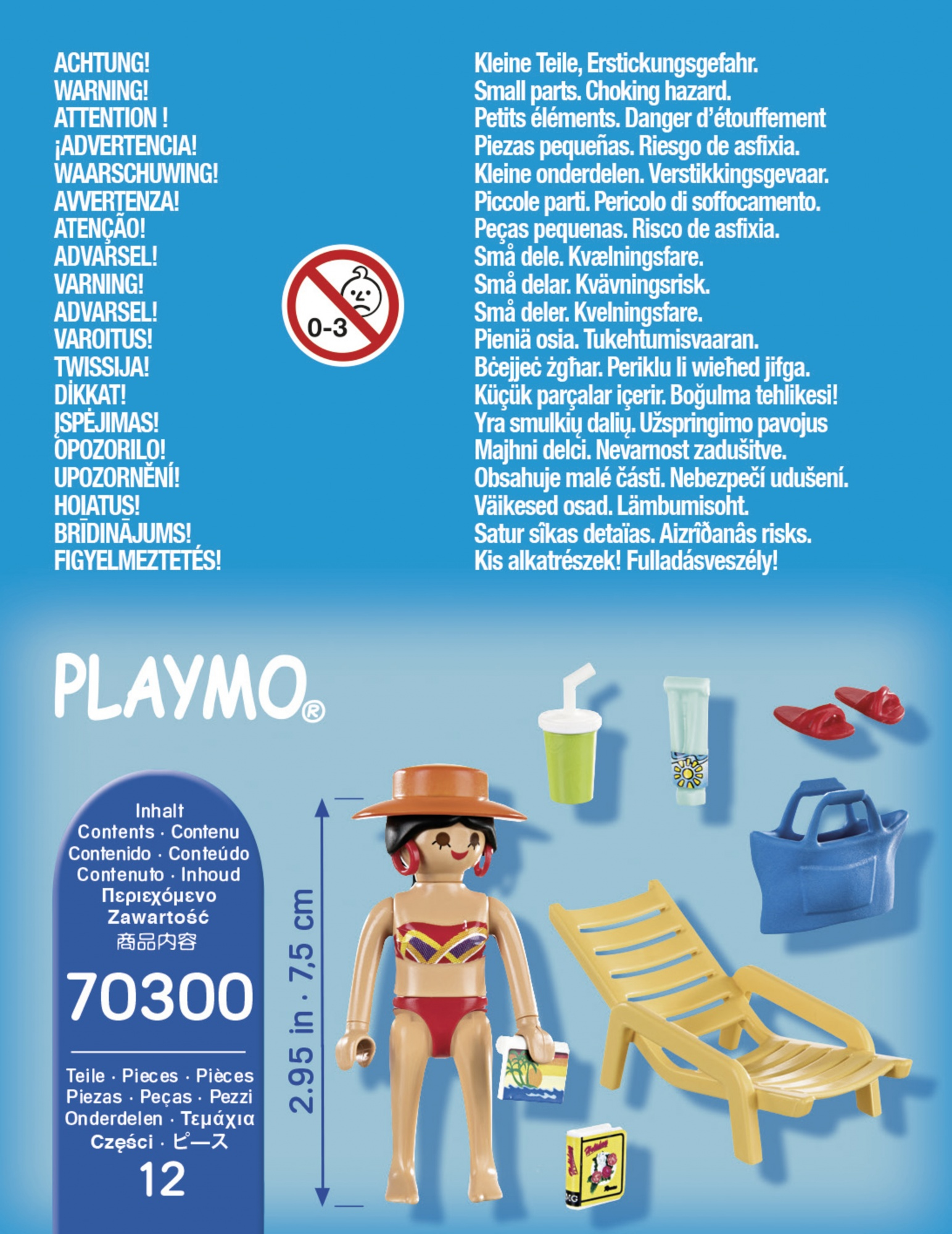 Eine Playmobil-Box mit einer Frau im Bikini und einer Strandszene. Die Box enthält Warnungen vor Kleinteilen für Kinder.