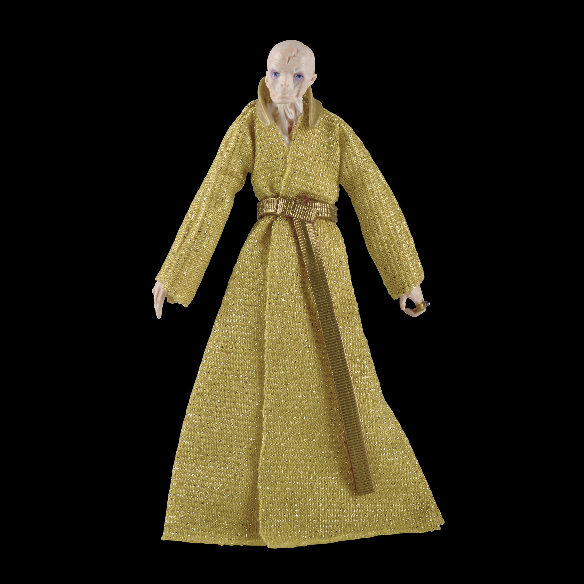 Actionfigur einer Figur in goldener Robe mit schwarzem Hintergrund.