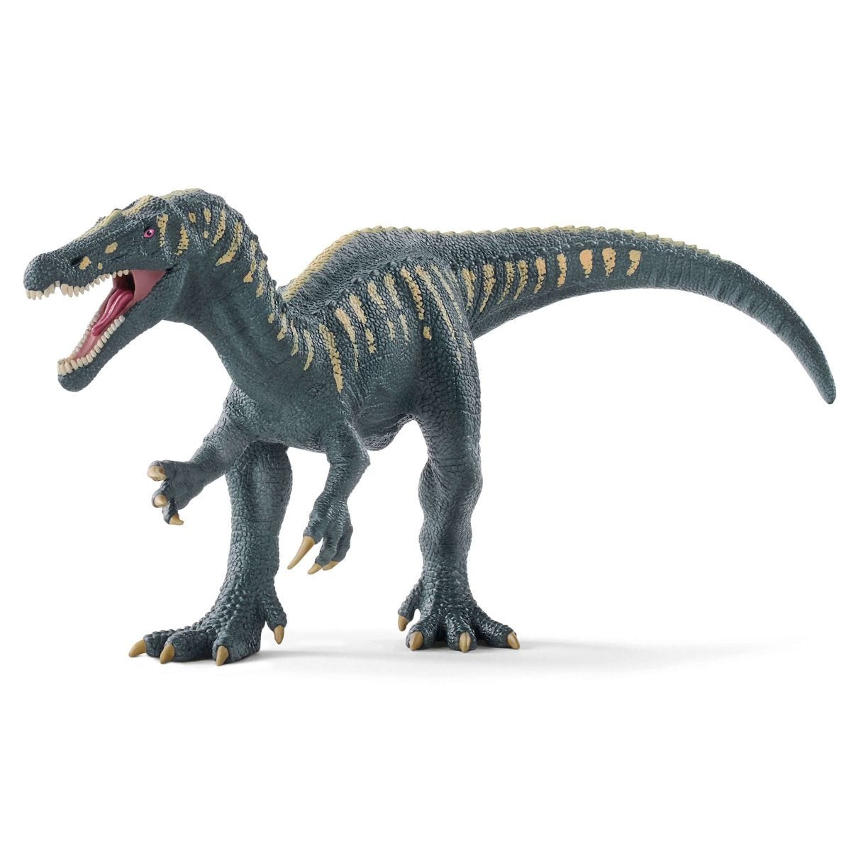 Un dinosauro giocattolo. È grigio con strisce gialle e bocca rossa. È su sfondo bianco.