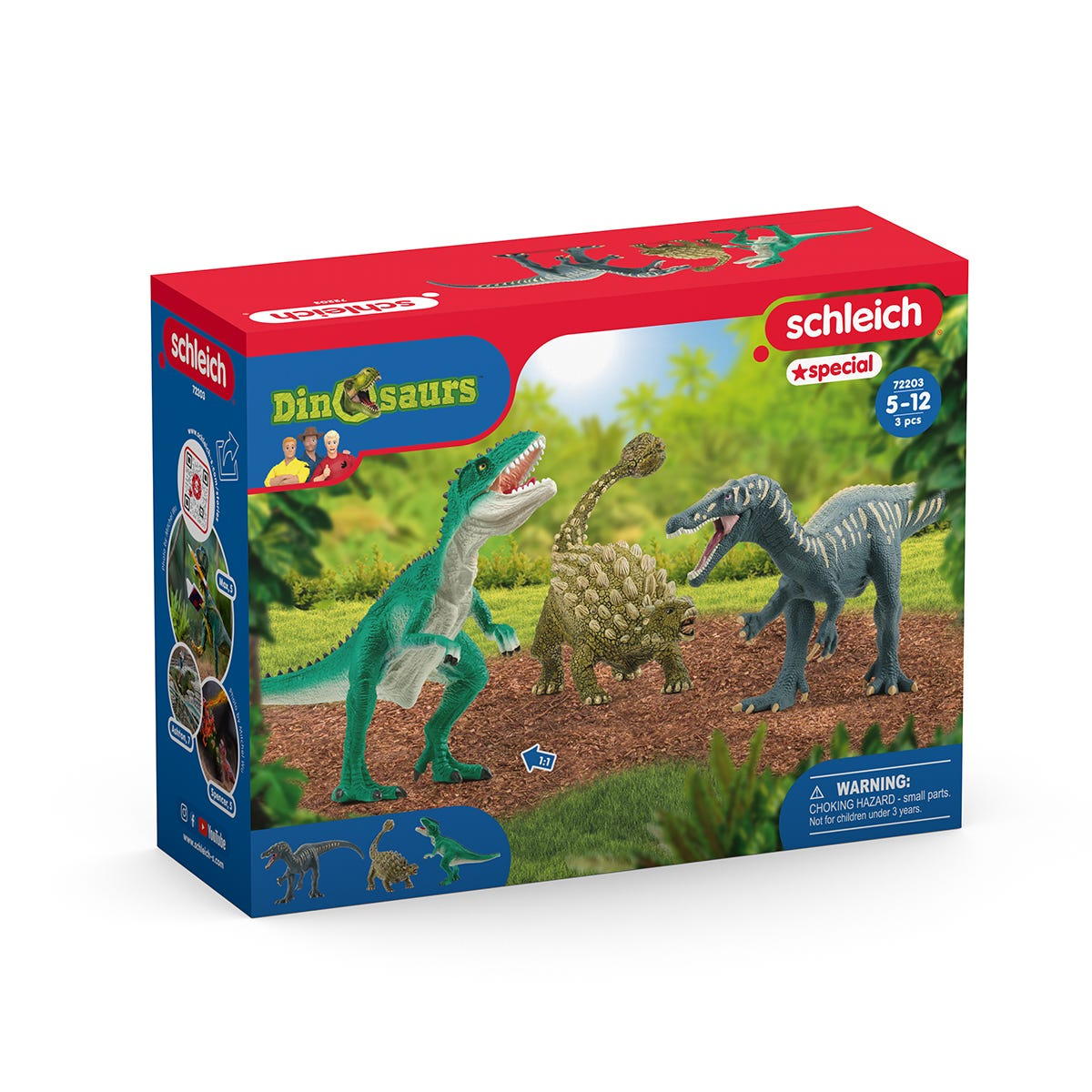 Un set in scatola di giocattoli di dinosauri, tra cui un T-Rex verde e altre figure, su una superficie bianca.