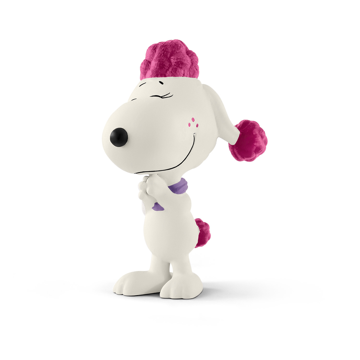 Figurka Snoopy, biała z różowymi akcentami. Uśmiechnięty, z założonymi rękami, białe tło.