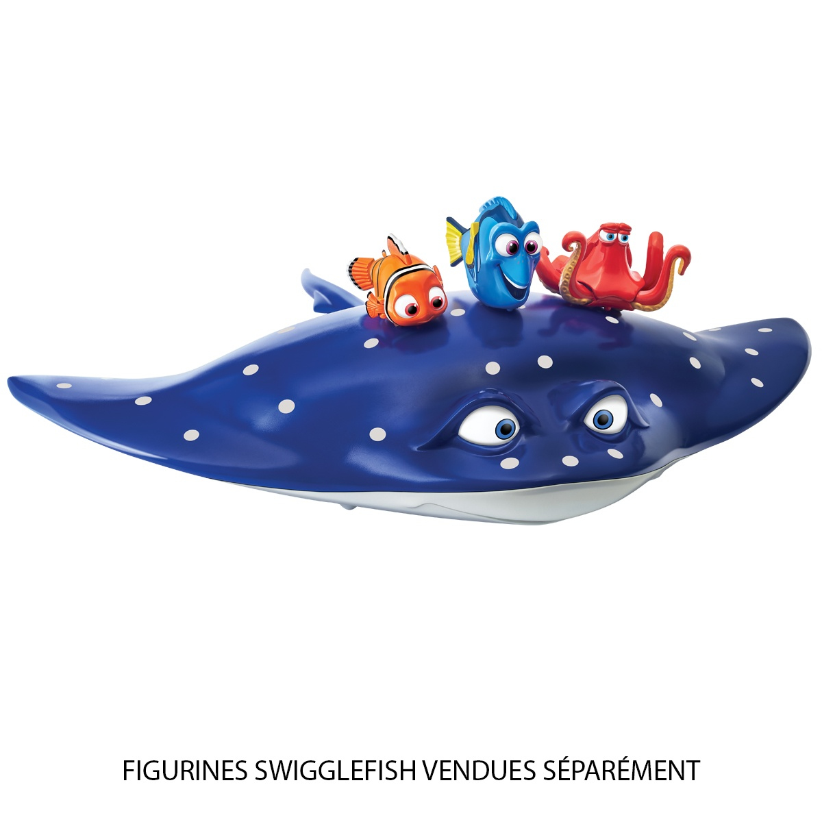 Giocattolo di Mr. Ray con Nemo, Dory e un polpo sopra, su sfondo bianco.