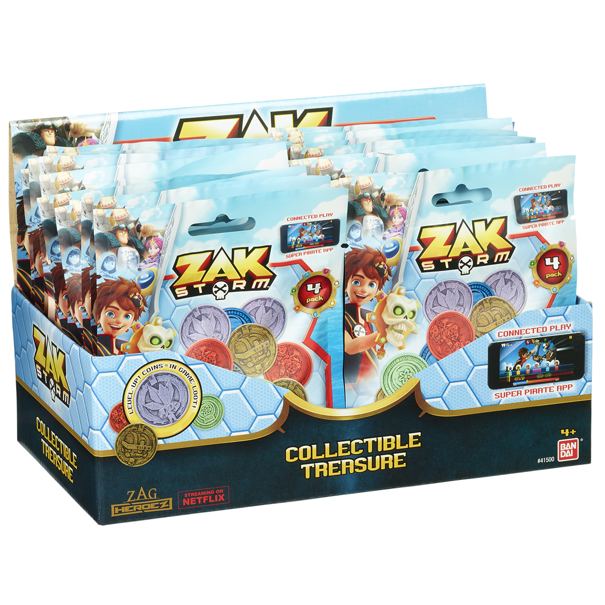 Una scatola espositiva di confezioni di giocattoli Zak Storm. Colorata, con personaggi e monete. Lo sfondo è bianco.