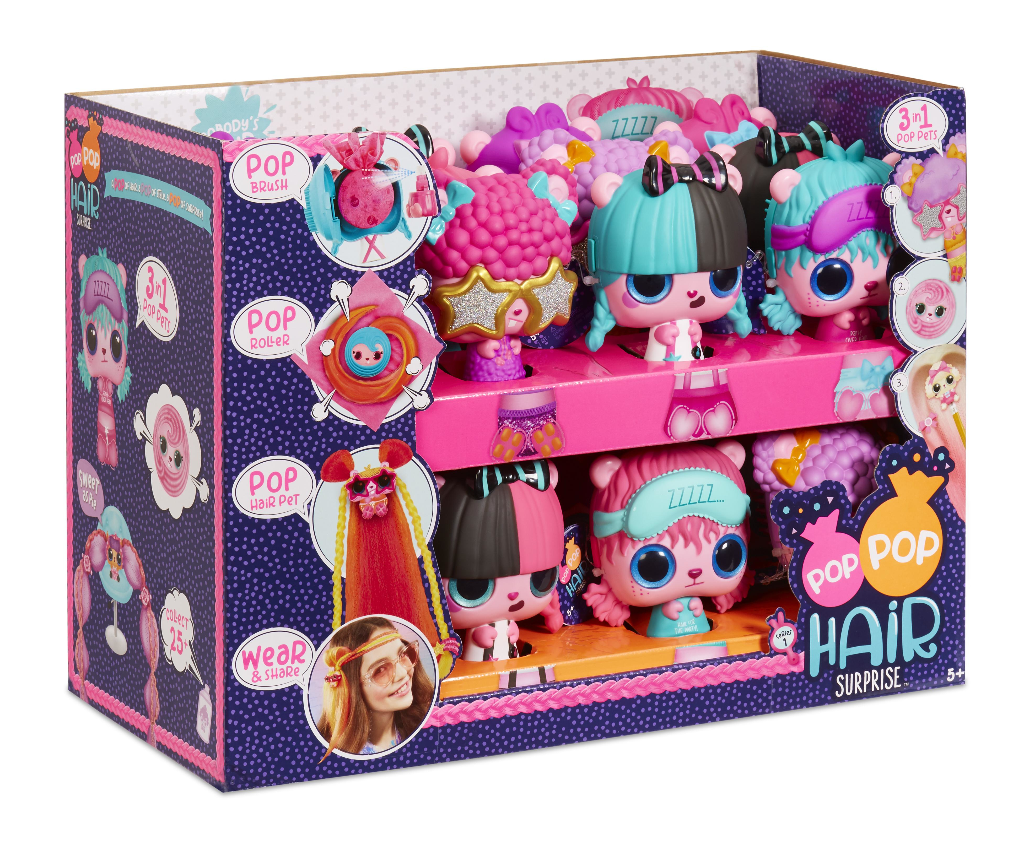 Box mit Pop Pop Hair Surprise Puppen, mit verschiedenen Puppen mit unterschiedlichen Frisuren und Accessoires.