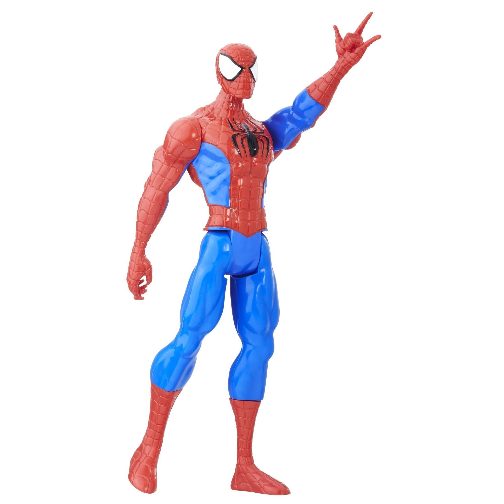 Action figure di Spider-Man. Abito rosso e blu, mano che punta in alto. In piedi con un braccio alzato.