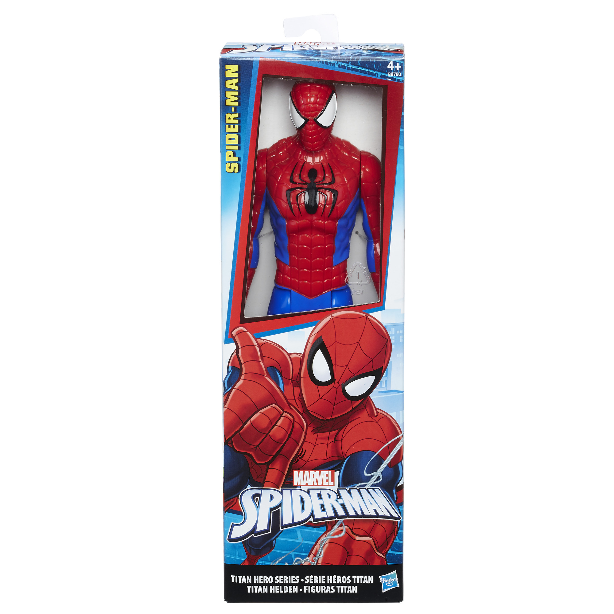 Action figure di Spider-Man in confezione. La figura è rossa e blu. La confezione mostra l'illustrazione di Spider-Man.