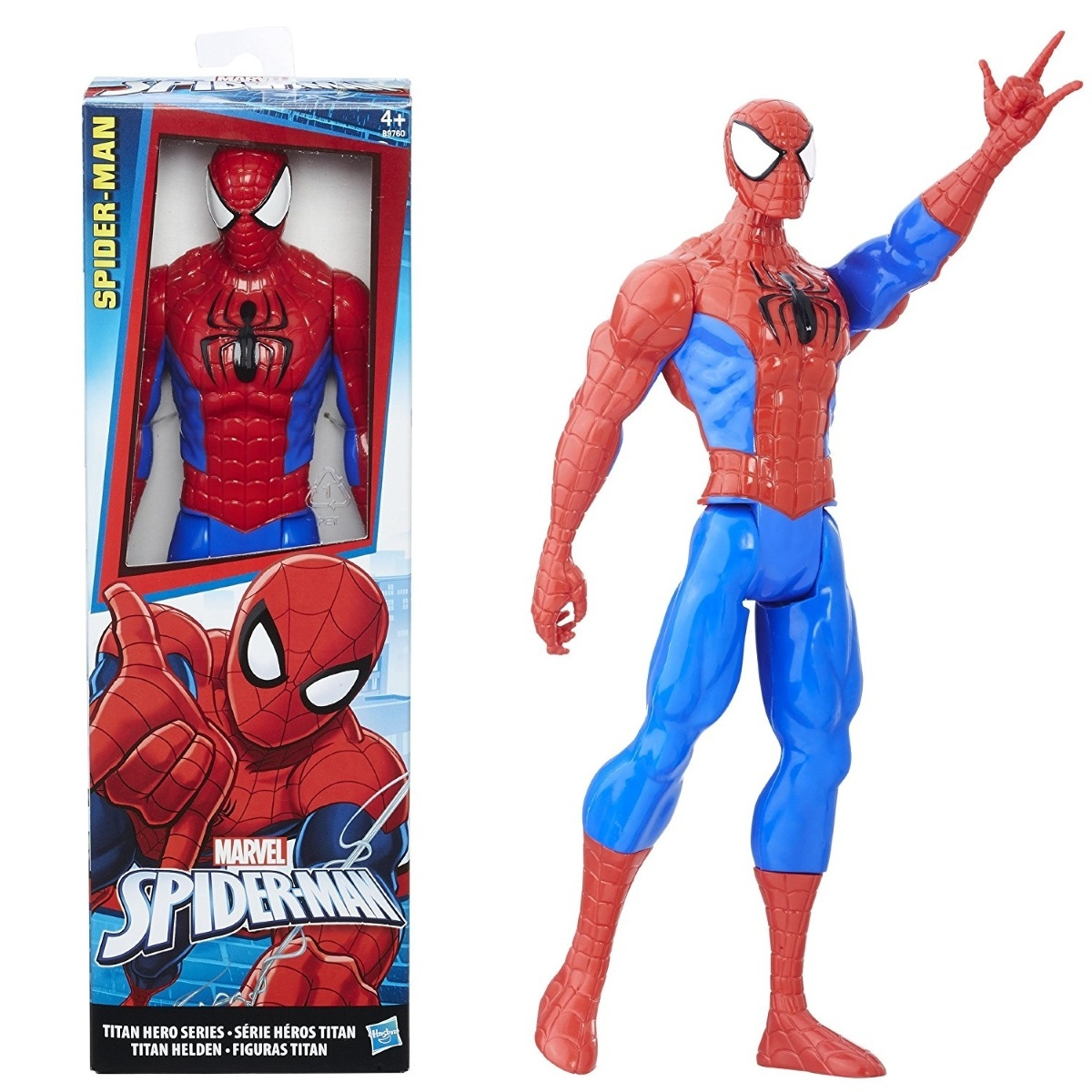 Figura di Spider-Man in tuta rossa e blu, in confezione e posa.