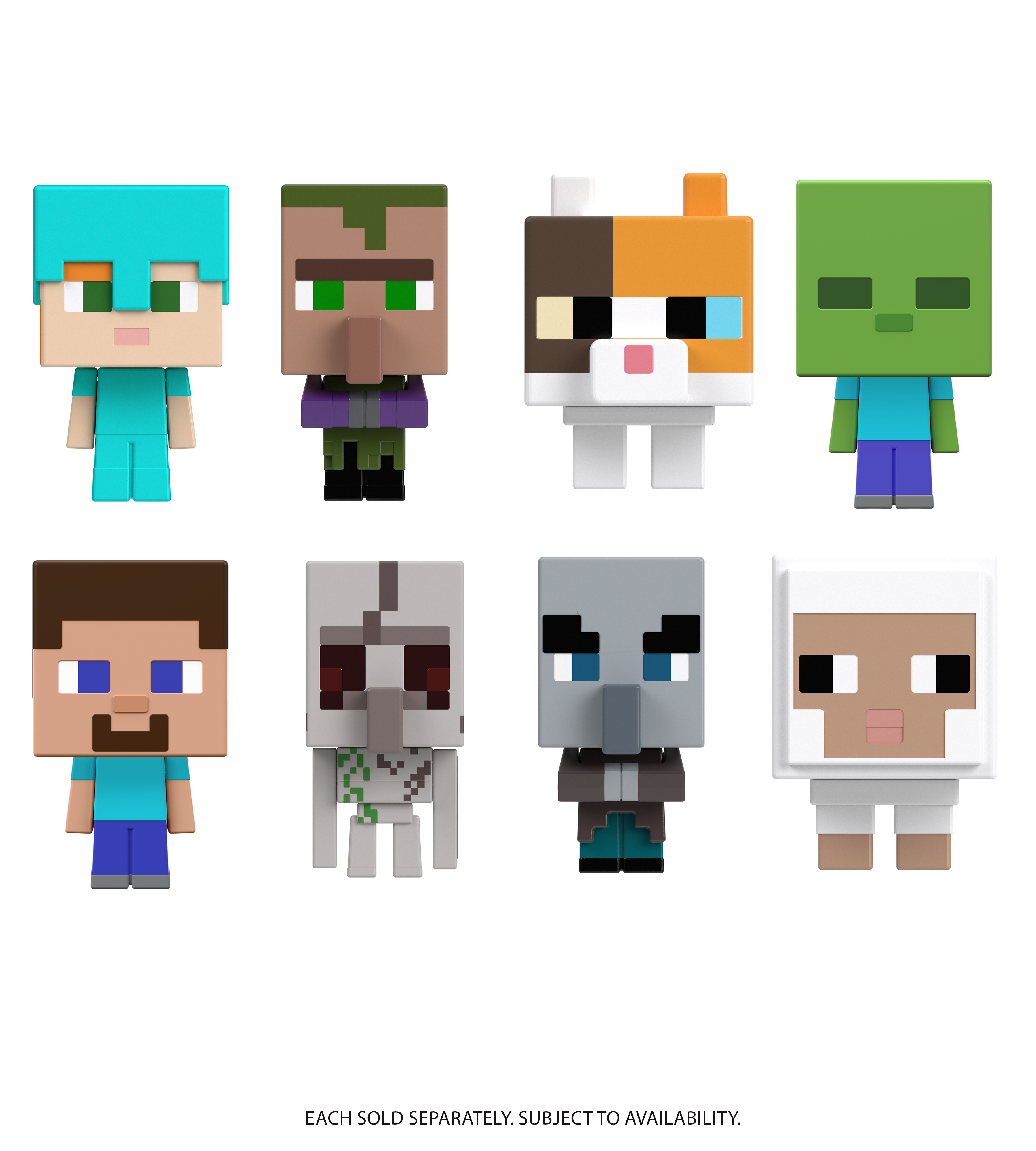 Osiem figurek Minecraft w kształcie kostki jest ustawionych w rzędzie. Są Steve, wieśniak, kot, zombie itp.