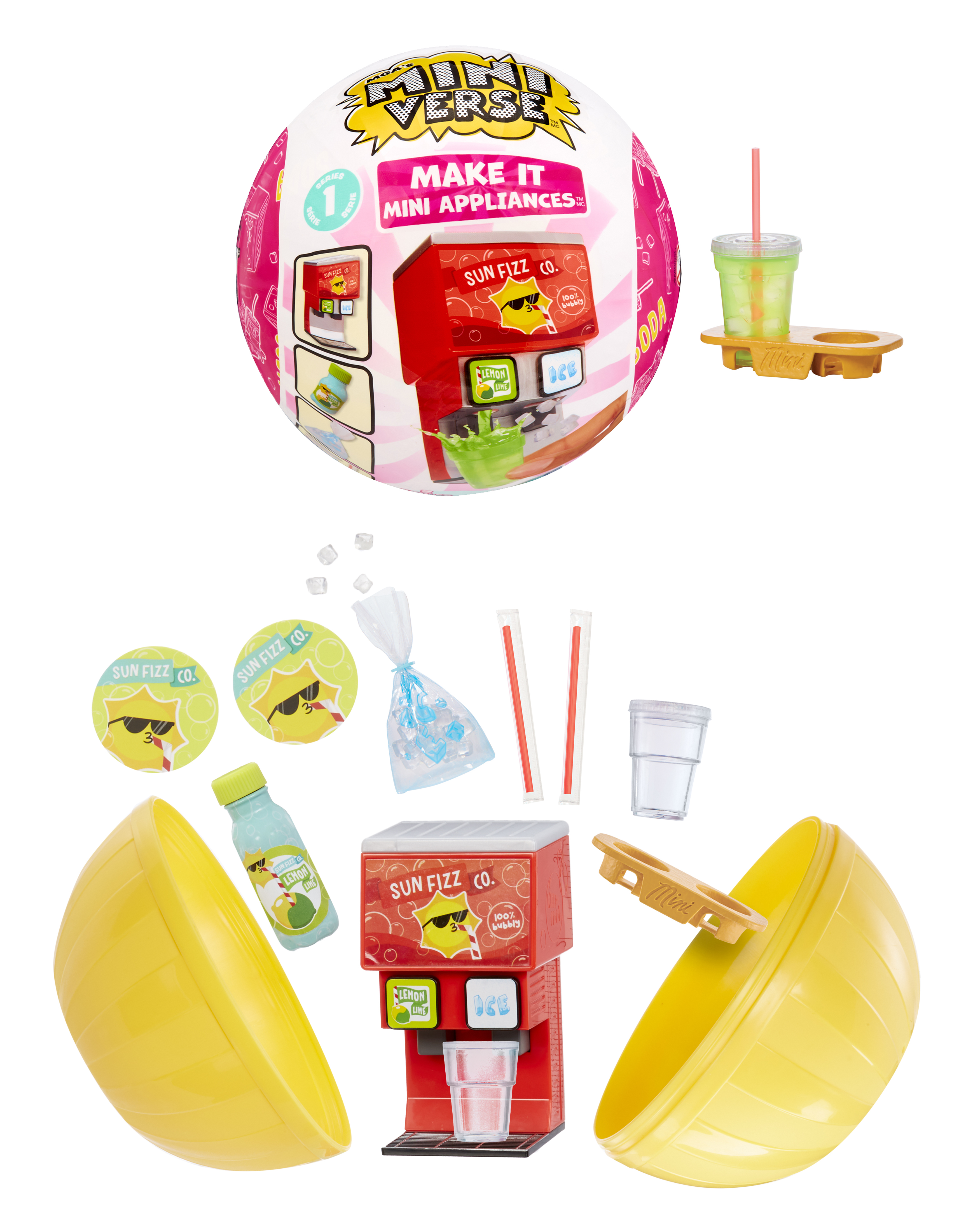 Zestaw Mini Verse z czerwonym urządzeniem i akcesoriami, w tym napojem i lodem.